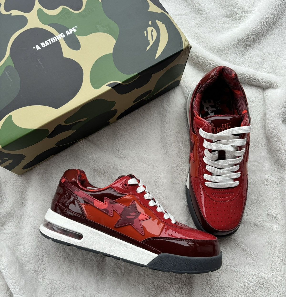 Bape Bape Road Sta Red/Camo Patent Leather Sneakers Size US 13 / EU 46 - 1 Thumbnail