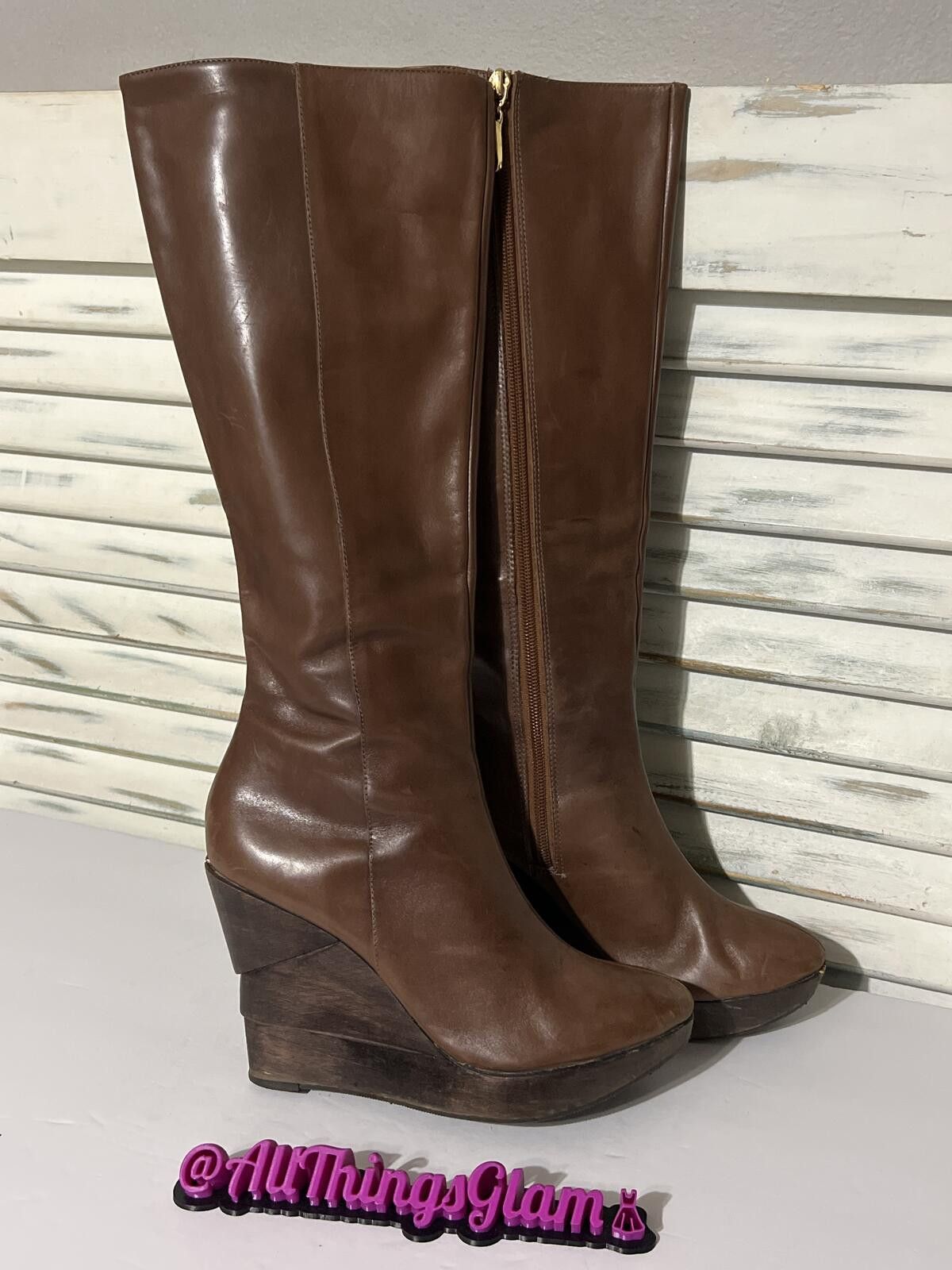 Diane von Furstenberg DVF Brown Leather Wedge Knee-High Boots Gold Zipper 8.5 Size US 8.5 / IT 38.5 - 2 Thumbnail