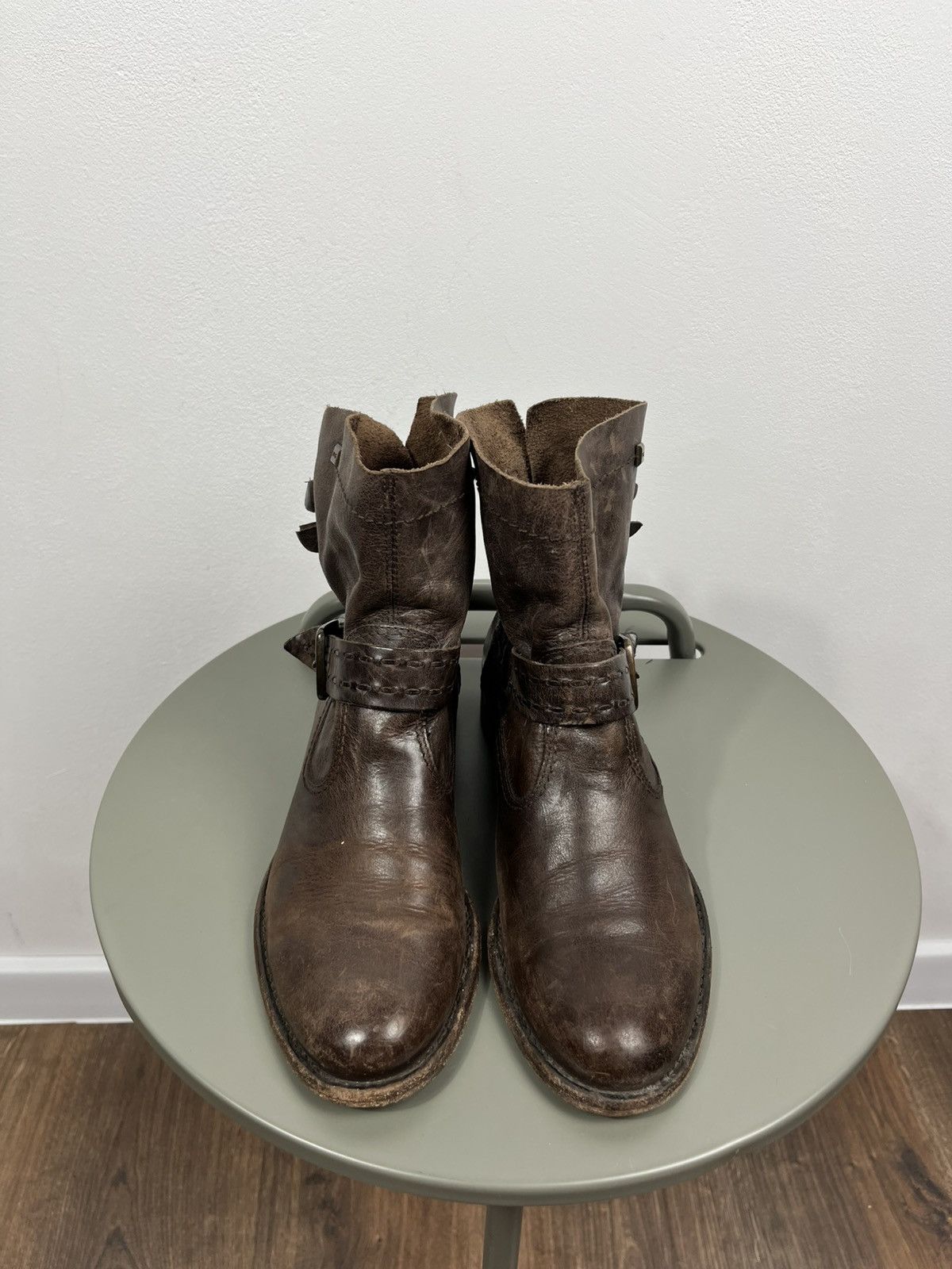 Leather Distressed Brown Leather Biker Ankle Boots Buckle Strap 38 Size US 7 / IT 37 - 3 Thumbnail