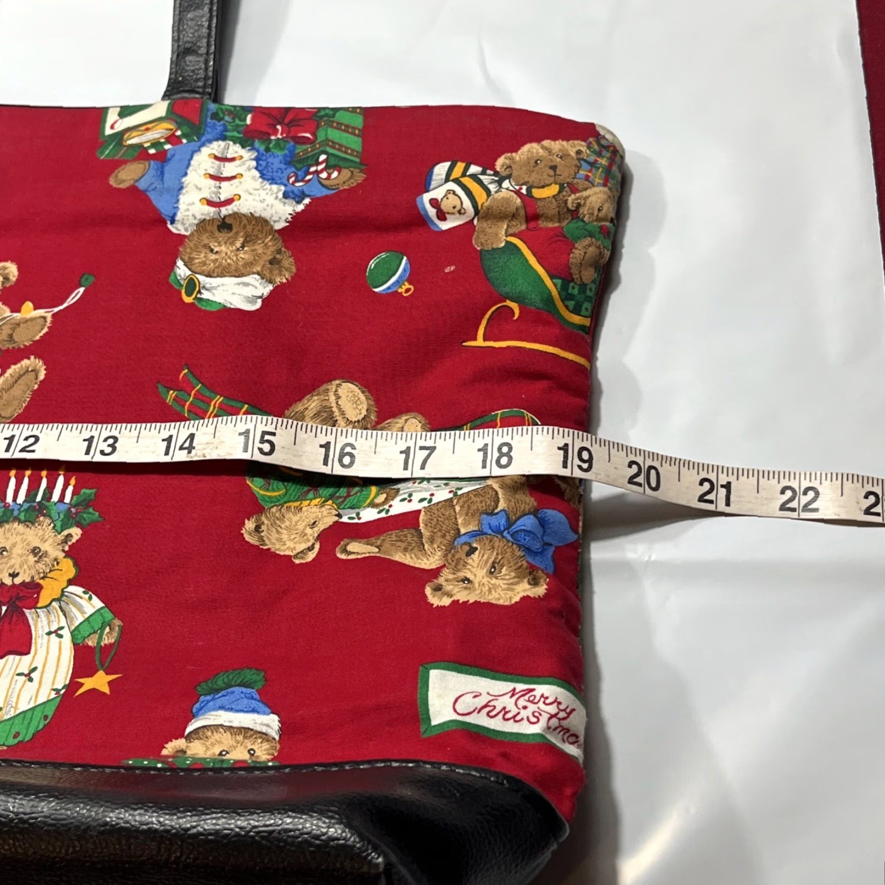 Vintage VINTAGE Unbranded Tote Bag Black Lined Cotton Canvas Christmas Teddy Bears 13”x19” Red Green Tree Santa Size ONE SIZE - 7 Thumbnail