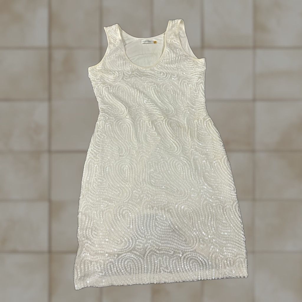 Calvin Klein Calvin Klein Sequin Dress Womens 8 Midi A-Line Sheath Sleeveless Ivory Beige Cocktail Party Formal Girl s? Size M / US 6-8 / IT 42-44 - 1 Thumbnail