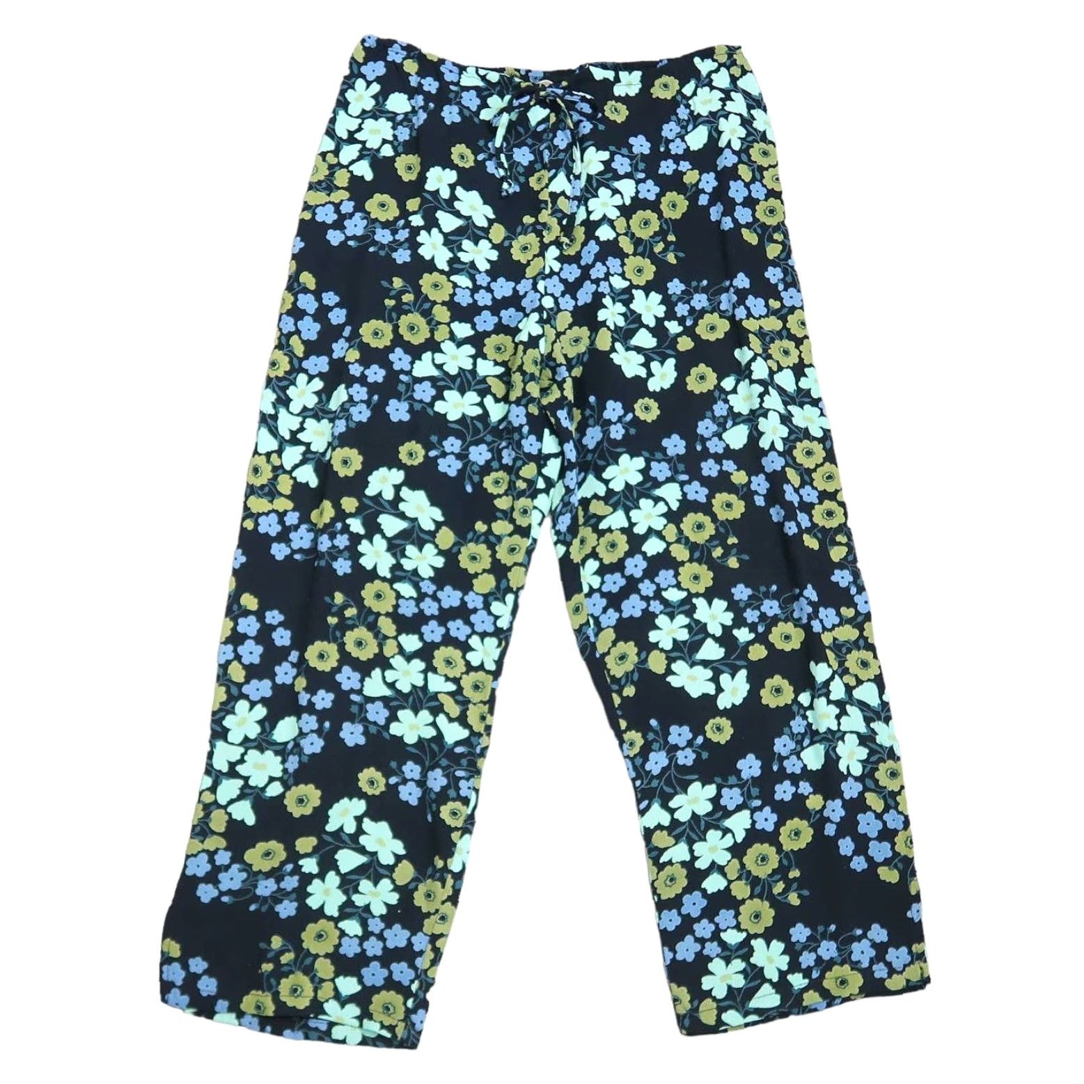 Vintage Loco Linda Floral Wide-Leg Crop Pants S Navy Blue Green 90s Spring Womens Size 28" / US 6 / IT 42 - 2 Thumbnail