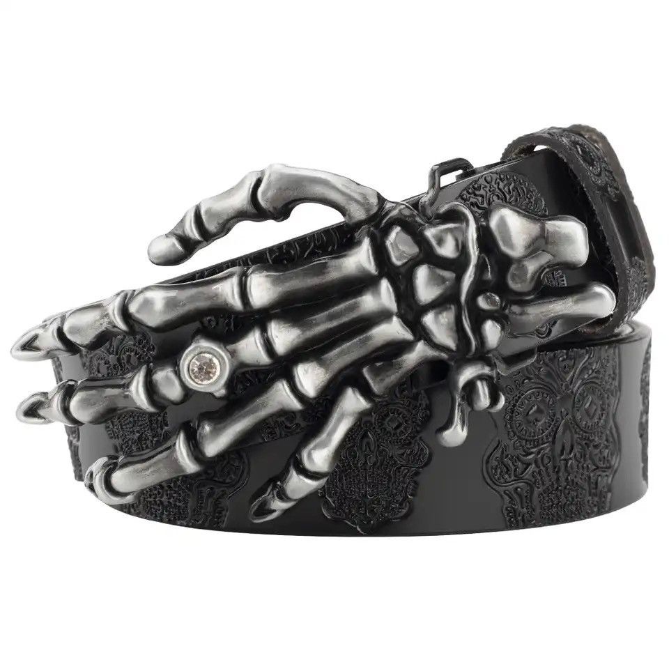Vintage Rhinestone Skeleton Hand PU Leather Belt Size ONE SIZE - 1 Thumbnail