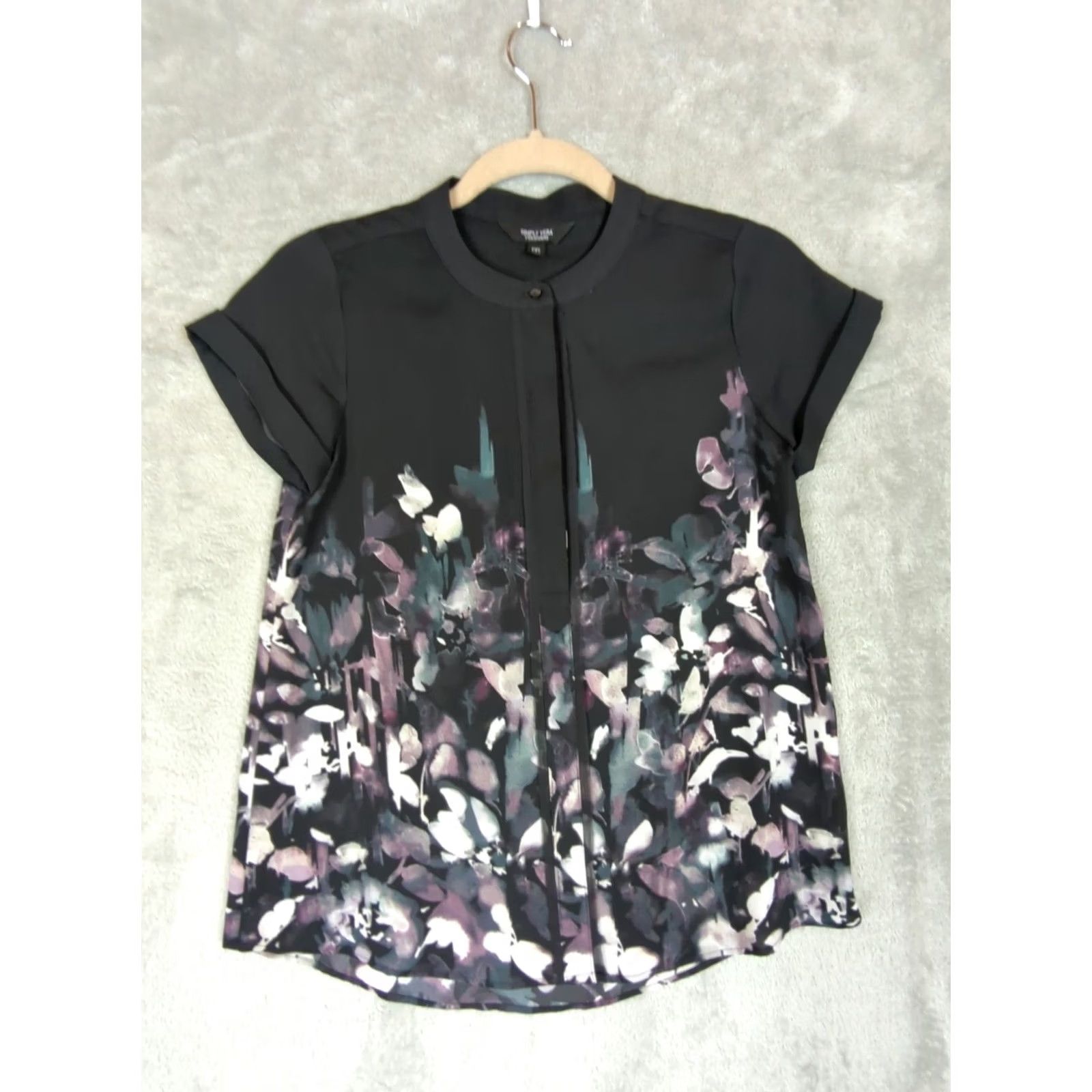 Vintage Simply Vera Wang Blouse Tunic XS Women Purple Floral Chiffon V-Neck Short Sleeve Lightweight Casual Size XS / US 0-2 / IT 36-38 - 2 Thumbnail