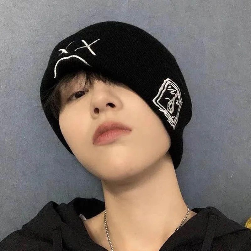 Vintage Winter LilPeep embroidered knitted hat sad face expression Size ONE SIZE - 2 Thumbnail
