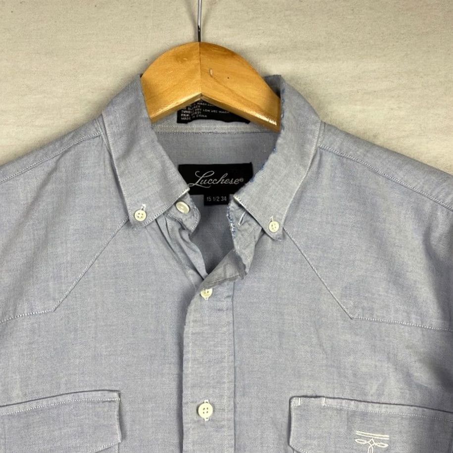 Vintage Lucchese Shirt Mens 34 Blue Chambray Western Button Down Long Sleeve Cowboy Shirt Men Casual Button-Up Size US S / EU 44-46 / 1 - 4 Thumbnail