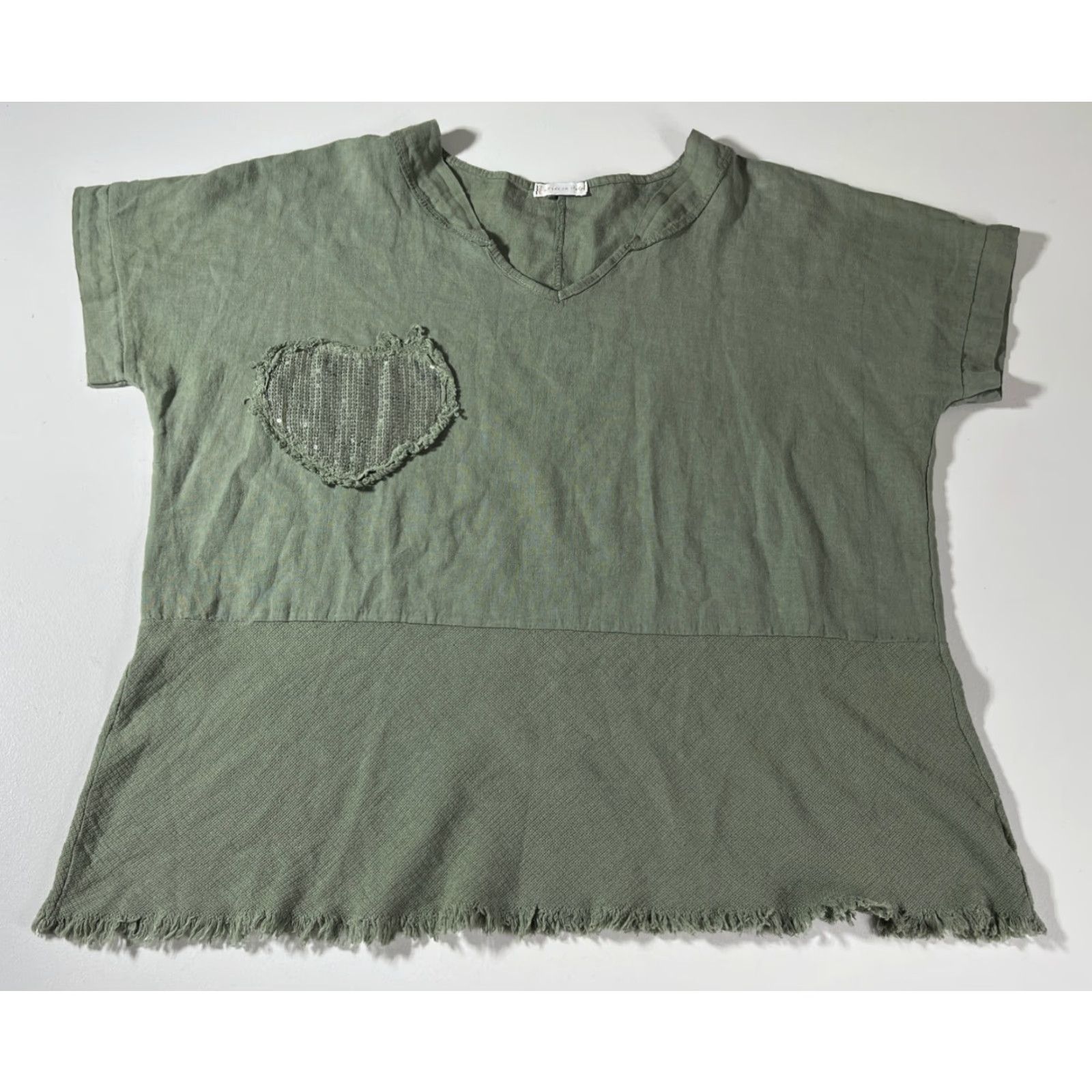 Vintage VINTAGE The Lino Lounge Women’s Sleeveless Top Blouse One Size Green Linen Blend Heart Patch Bohemian Casual Short Size ONE SIZE - 4 Thumbnail