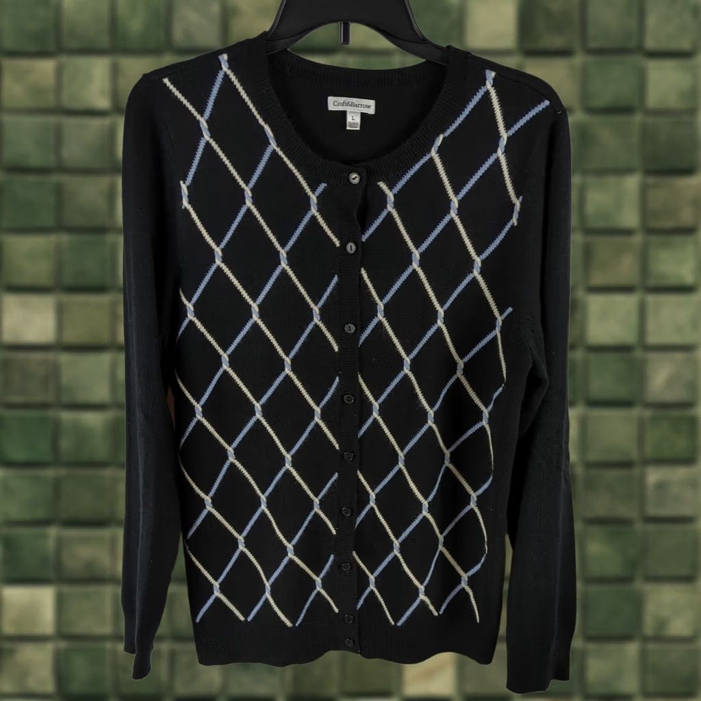 Croft & Barrow Croft & Barrow Cardigan Sweater Women's Large Black Trellis Print Long Sleeve Round Neck Knit Size L / US 10 / IT 46 - 1 Thumbnail