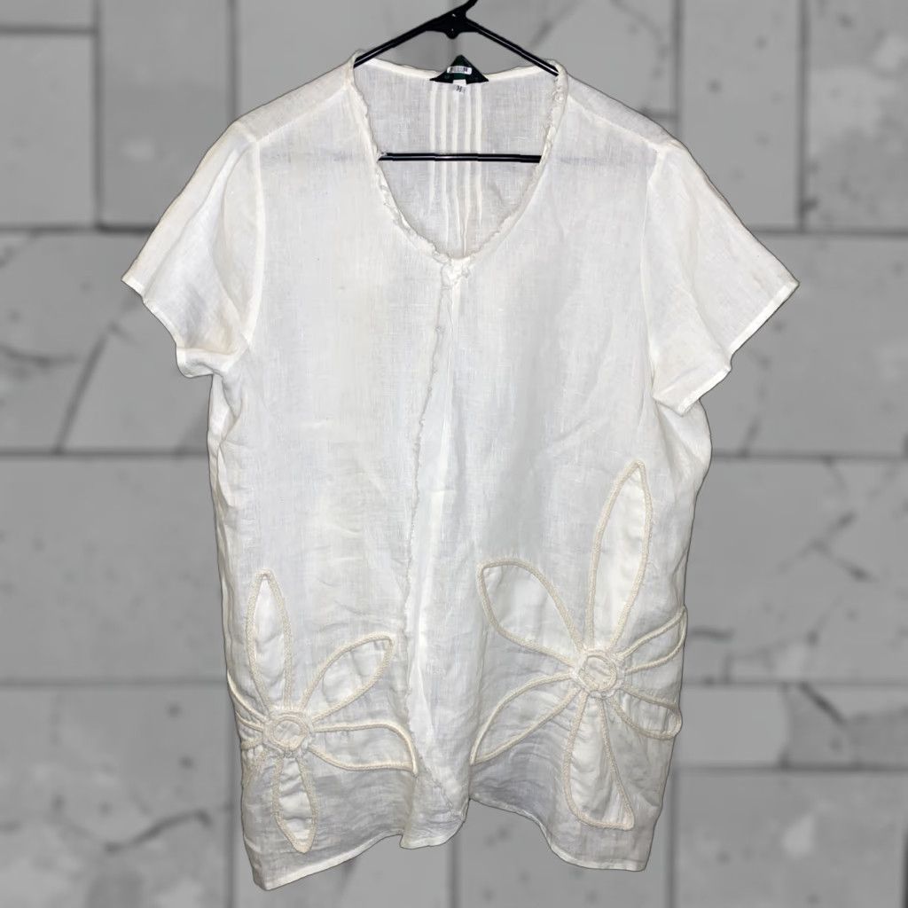 Vintage Peacock Shirt Women Ivory Flower Print Short Sleeve Size M Blouse Womens Size M / US 6-8 / IT 42-44 - 1 Thumbnail