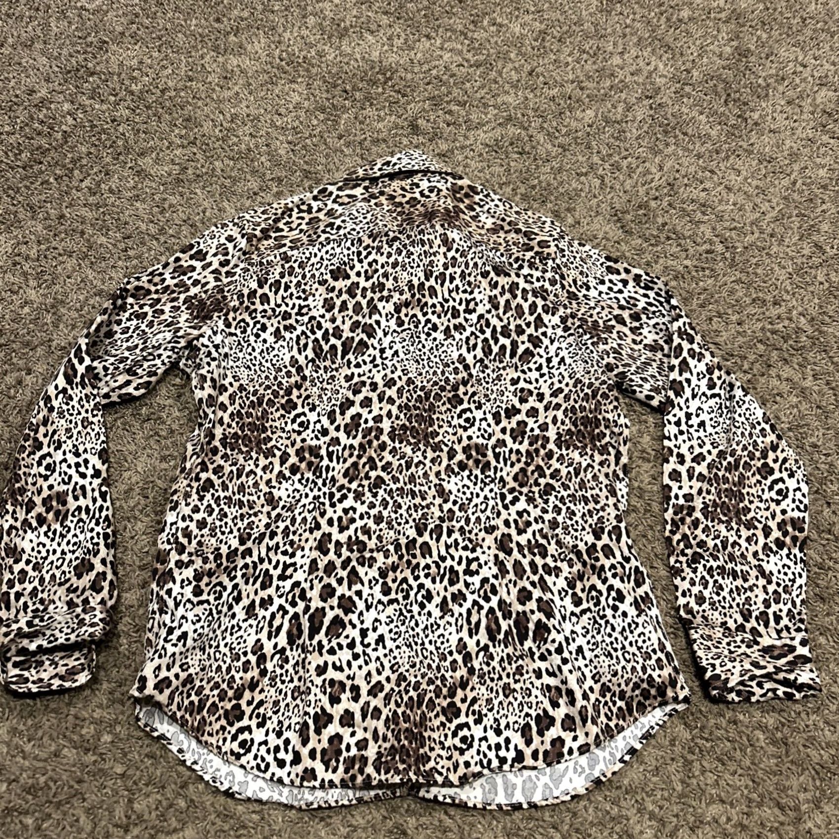 Chaps VINTAGE Chaps Ralph Lauren Women's Shirt Button Up Cheetah Animal Print Blouse Top M Brown 100% Cotton Long Sleeve Collared Button-Front Shirt Womens Size M / US 6-8 / IT 42-44 - 3 Thumbnail