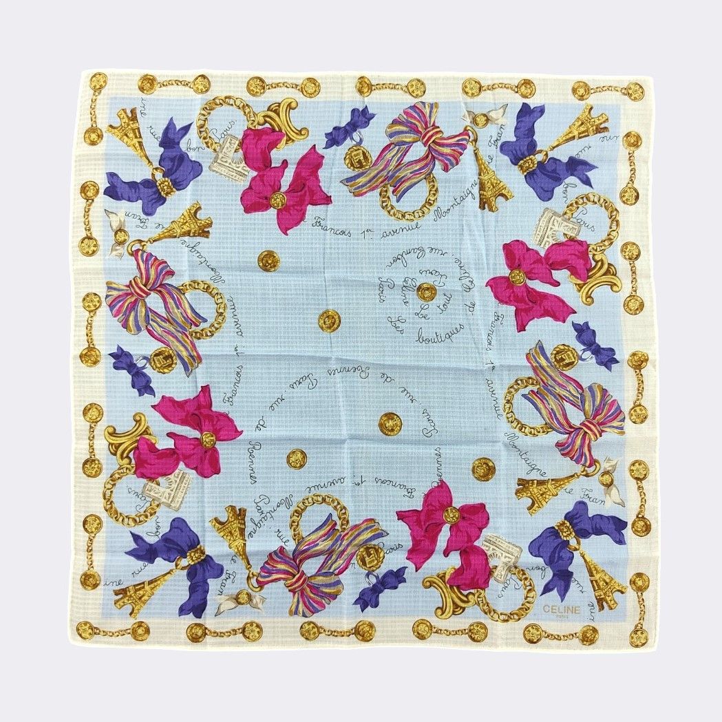 Celine Vintage Celine Eiffel Tower & Bows Silk Scarf Light Blue Size ONE SIZE - 1 Thumbnail