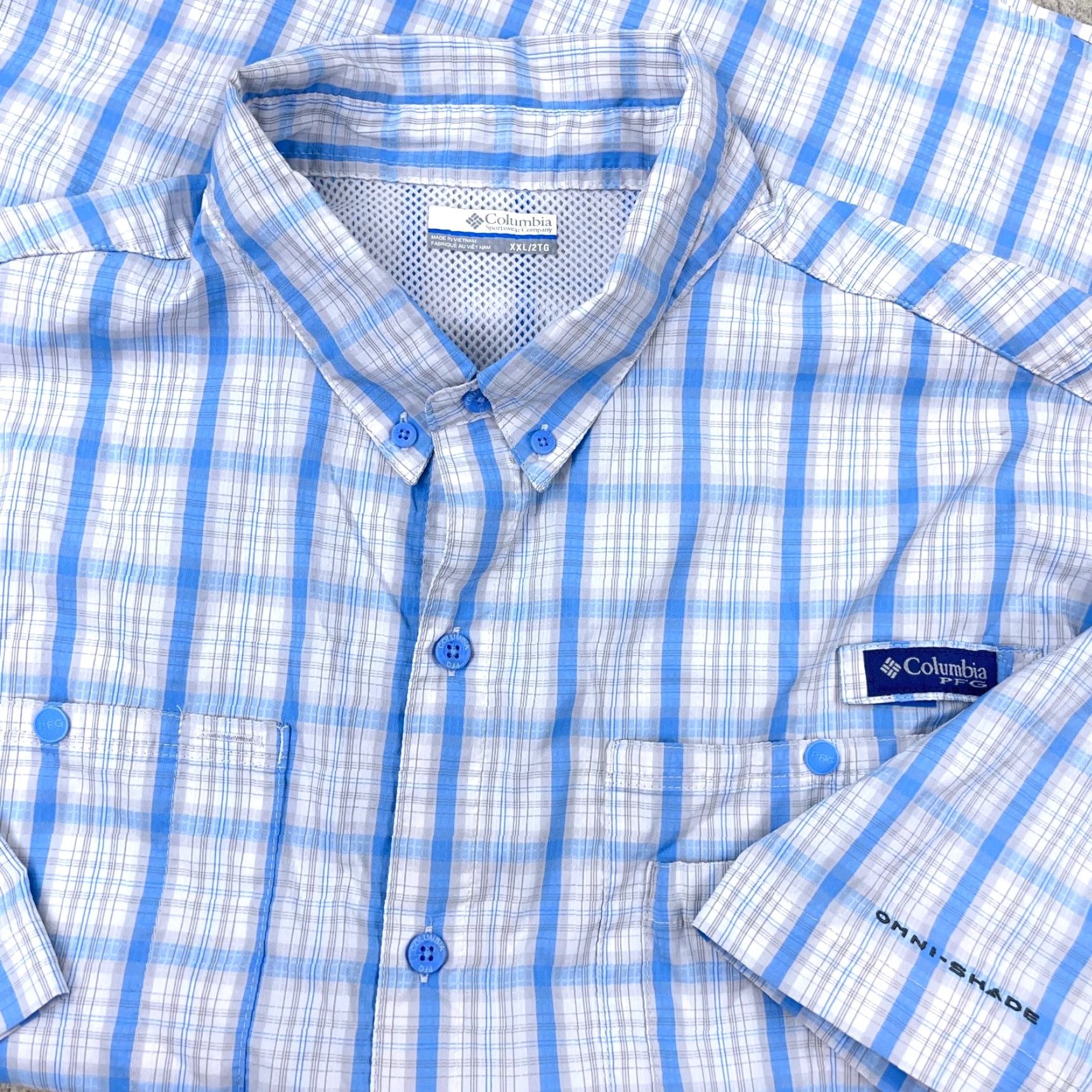 Vintage Columbia PFG Shirt Men 2XL Blue White Plaid Button Up Performance Fishing Camp Size US XXL / EU 58 / 5 - 2 Thumbnail