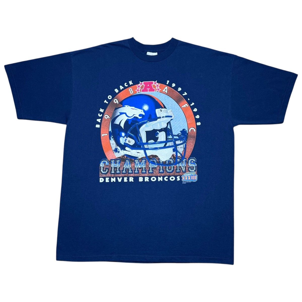 NFL Vintage 1998 NFL Denver Broncos AFC Champions Helmet T-Shirt Size US XL / EU 56 / 4 - 1 Thumbnail