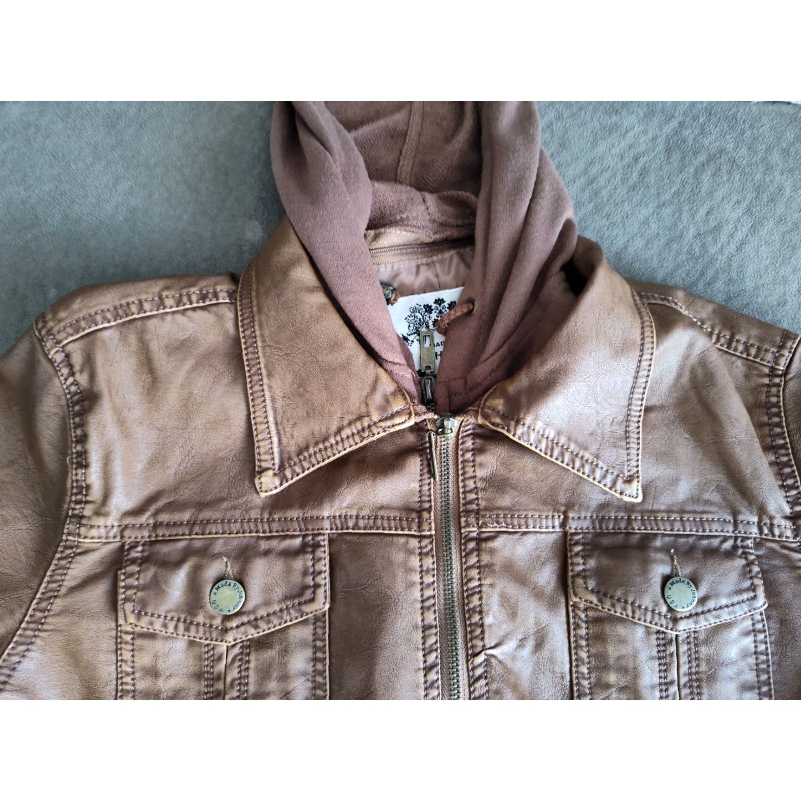 Vintage Made By Johnny Carmel Jacket Med Womens Brown Faux Leather Two Layers EUC Size M / US 6-8 / IT 42-44 - 4 Thumbnail