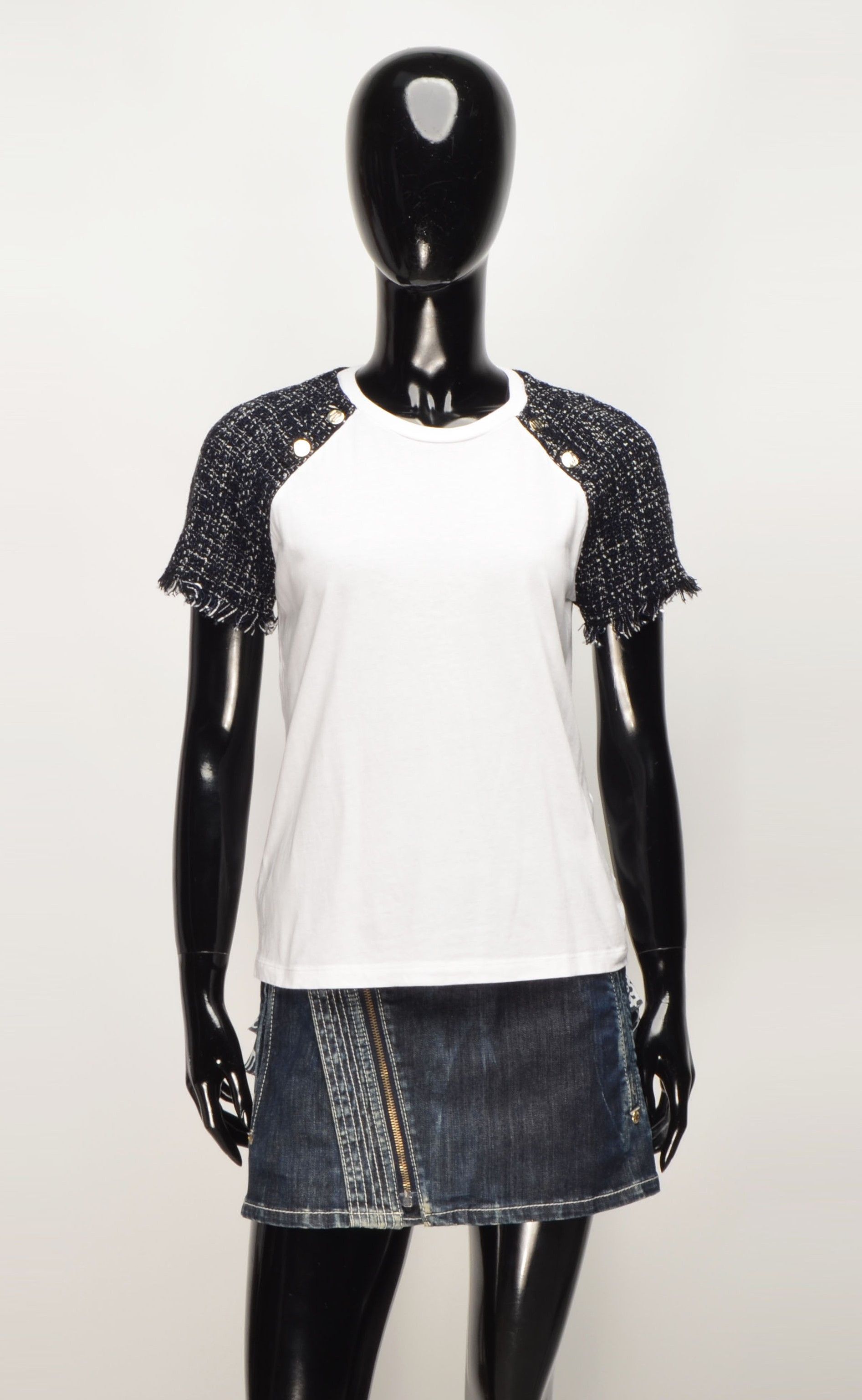 Maje Maje Paris Tweed Boucle Sleeves White T Shirt Size S / US 4 / IT 40 - 1 Thumbnail