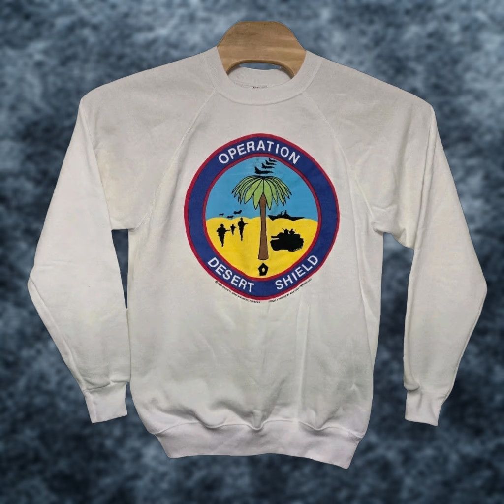 Hanes VTG 1991 Desert Storm Crewneck Sweatshirt Mens L White Hanes USA 90s Military Graphic Print Pullover Size US L / EU 52-54 / 3 - 1 Thumbnail