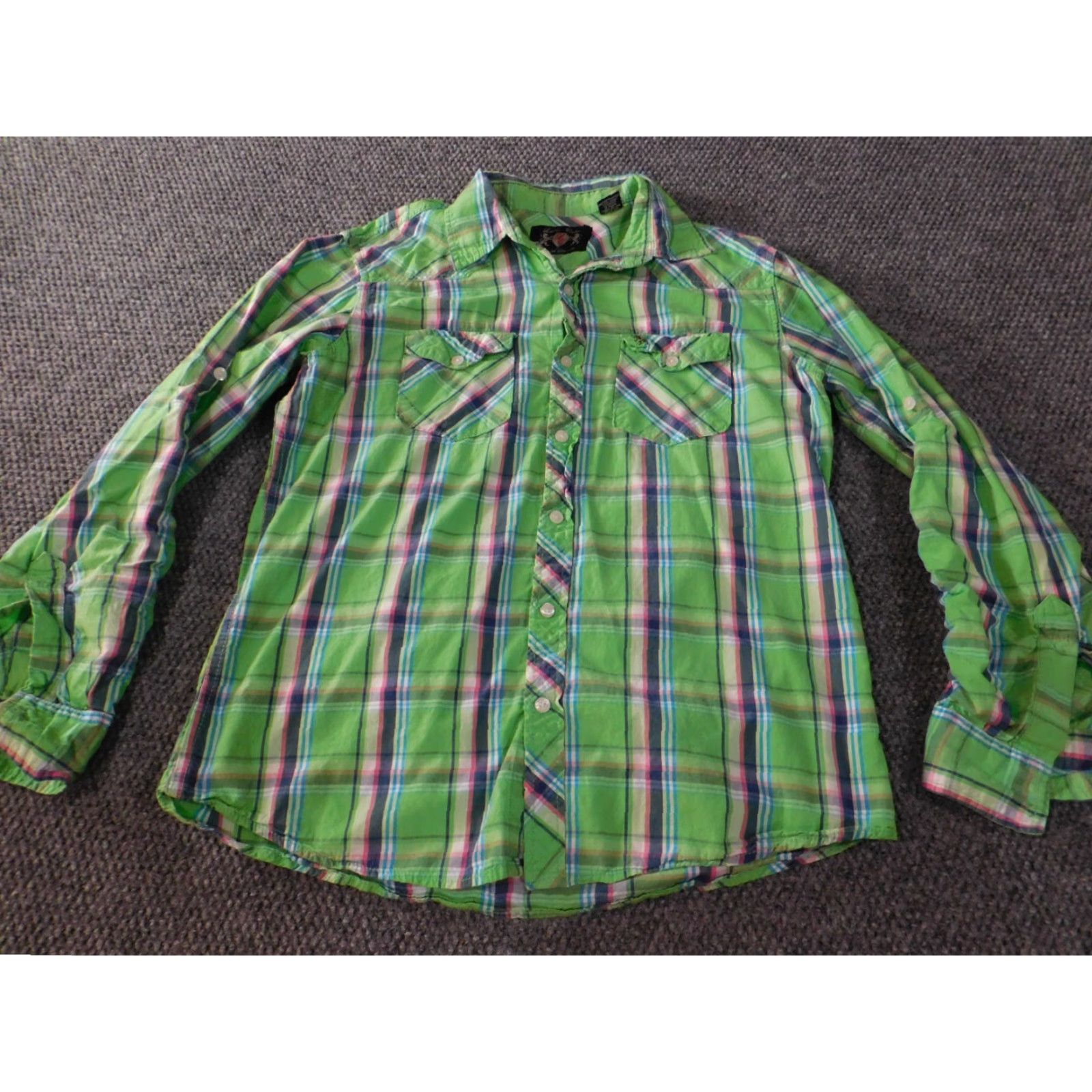 English Laundry Lions Crest English Laundry Mens Shirt Large Green Plaid Button-Down Short Sleeve Collared Knit Cotton Button-Up Mens Regular” Size US L / EU 52-54 / 3 - 4 Thumbnail