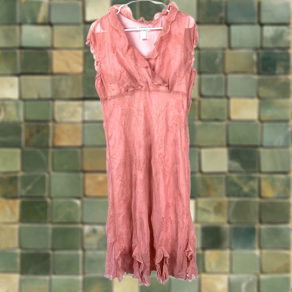Pinko VINTAGE CDC petites Pink Crinkle Floral Ruffle Sheer Dress Midi 14 Dainty Coquette Size XL / US 12-14 / IT 48-50 - 1 Thumbnail