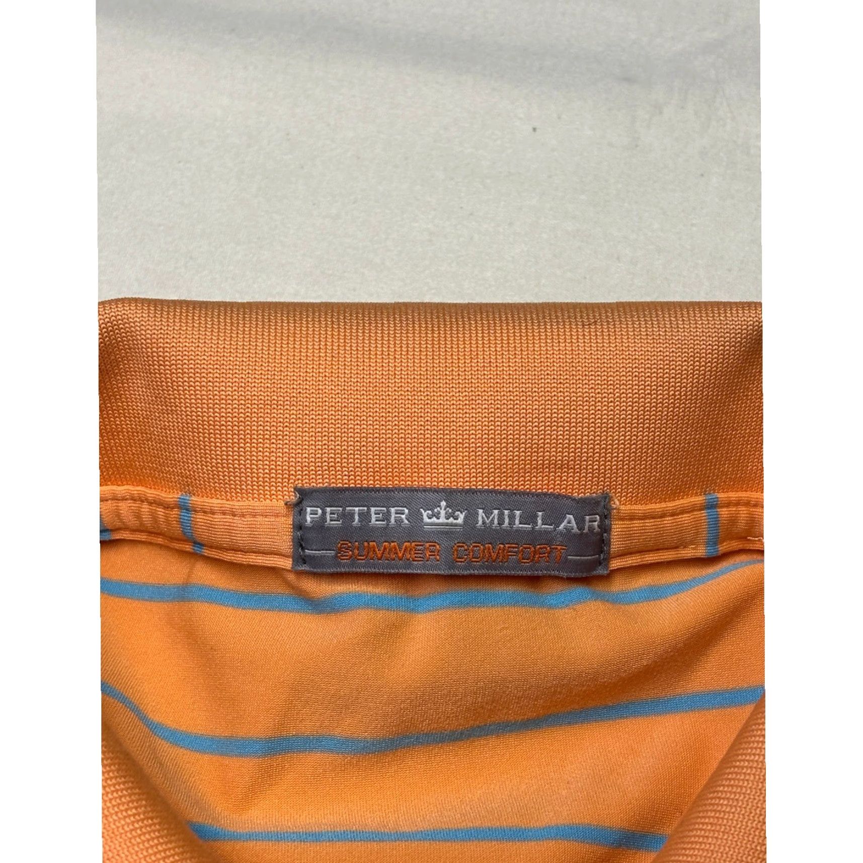 Peter Millar Polo Shirt Mens Large Orange Blue Striped Golf Top Summer Comfort Short Sleeve