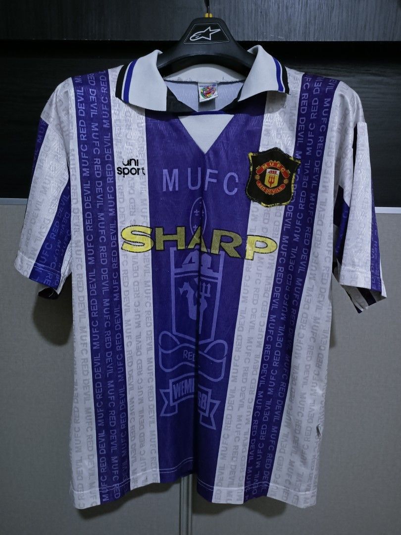 image of Vtg. Manchester United Away Jersey 19951996 X Unisport Ovp in Purple/White, Men's (Size XL)