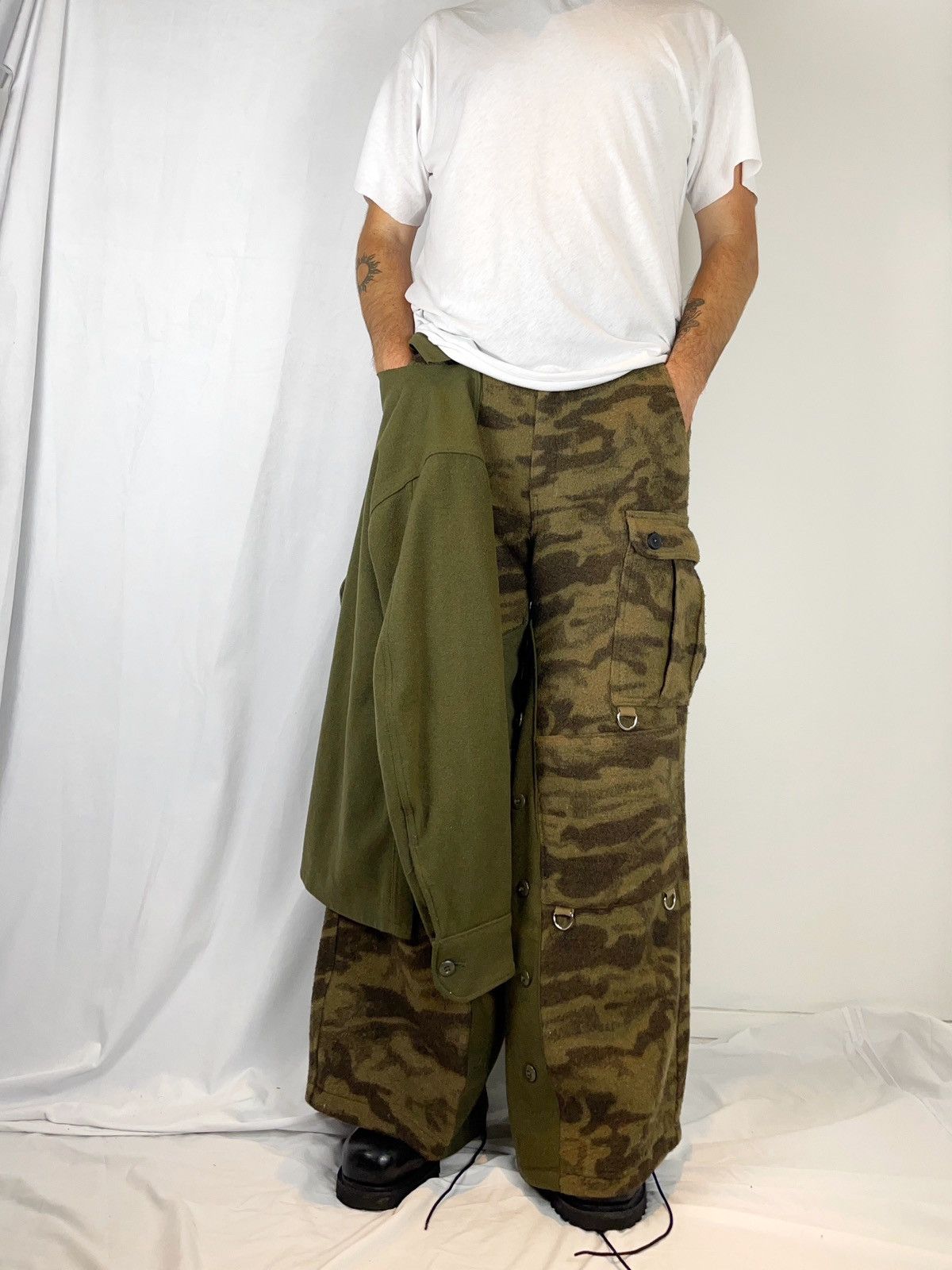 Deconstructed military baggy wool camo cargo pants d ring