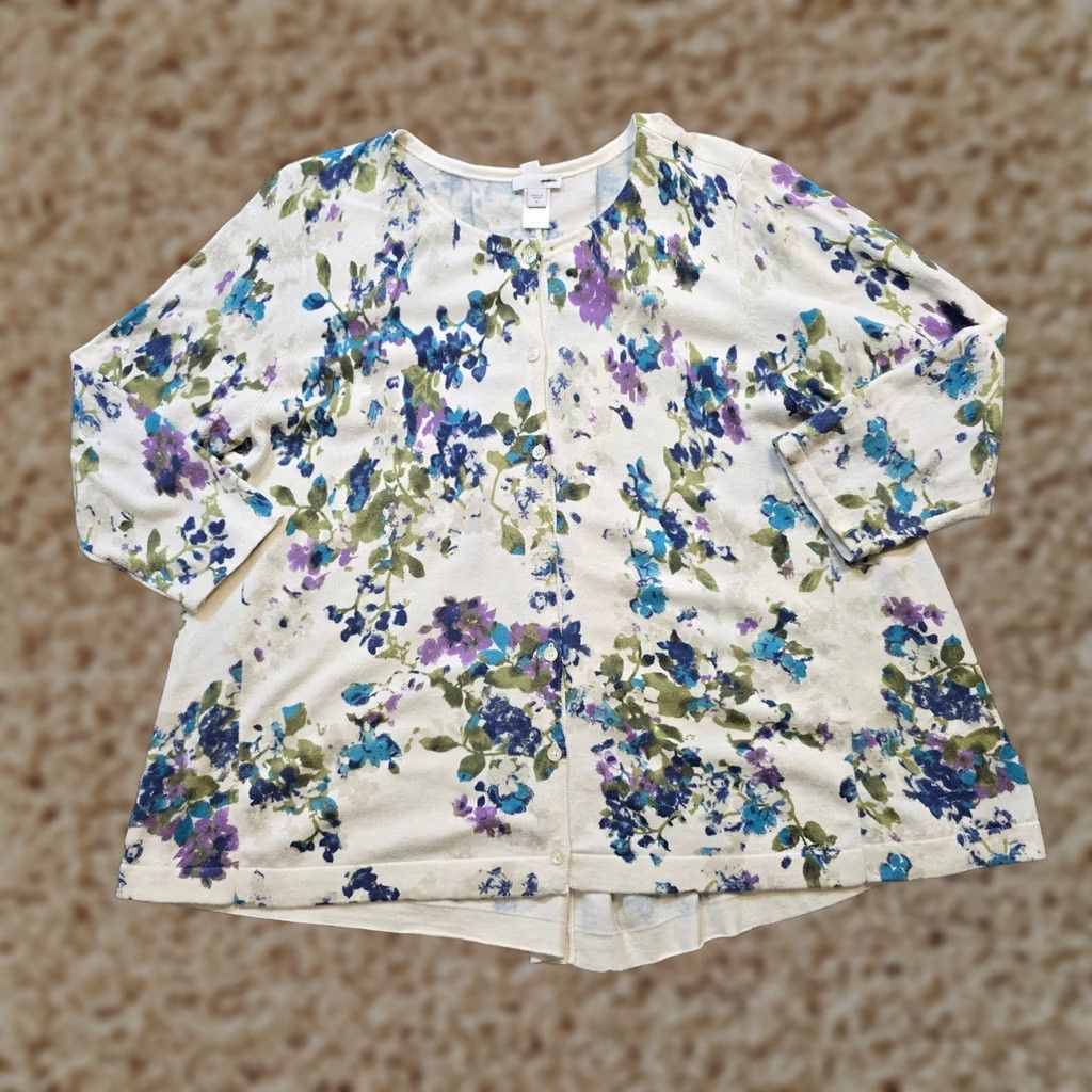 J. Jill J. Jill Cardigan Sweater Women M White Floral Long Sleeve Casual Career Shirt Womens Size M / US 6-8 / IT 42-44 - 1 Thumbnail