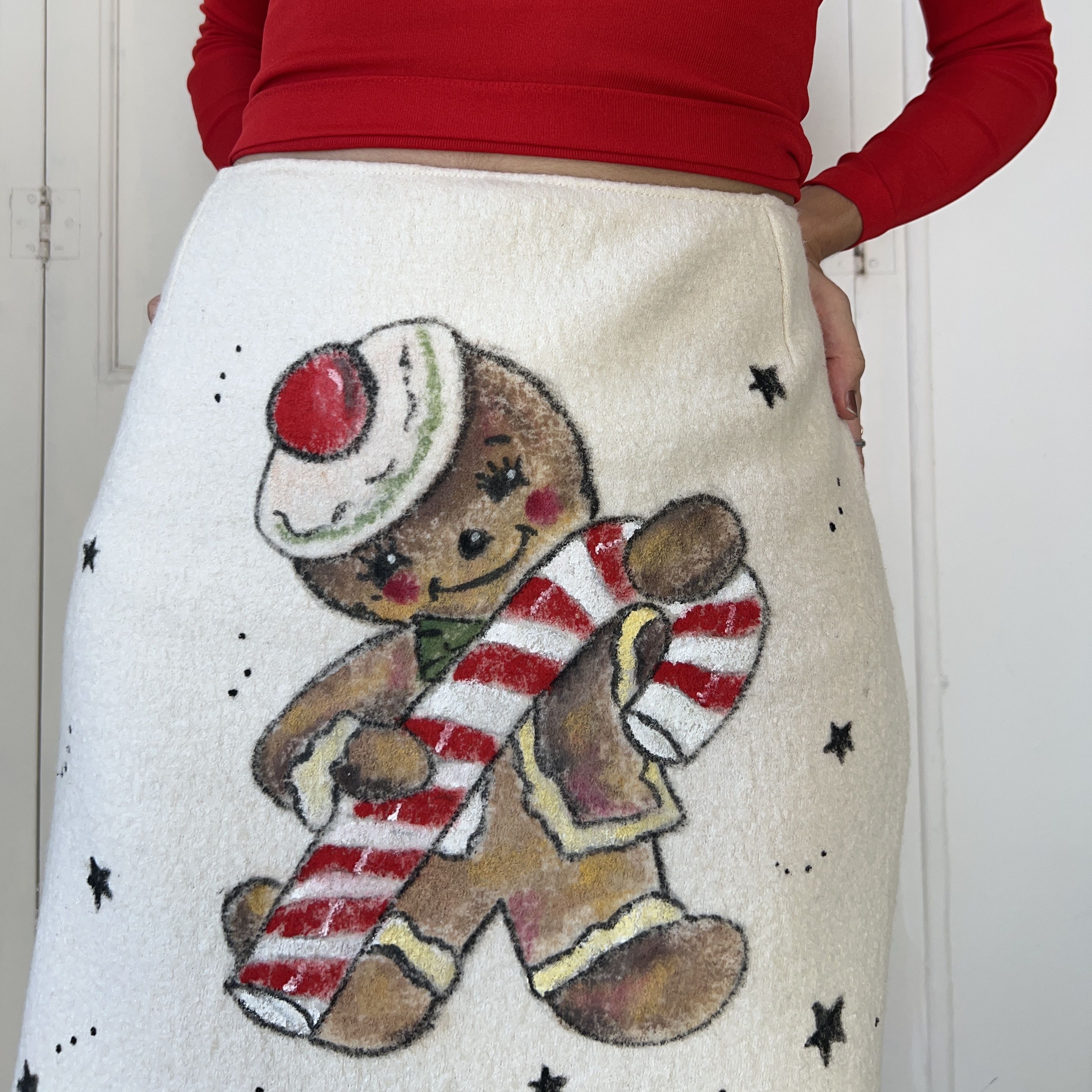 Custommade Hand Painted Folk Art Wool Mini Skirt with Candy Stripe Bow Size 30" / US 8 / IT 44 - 10 Thumbnail