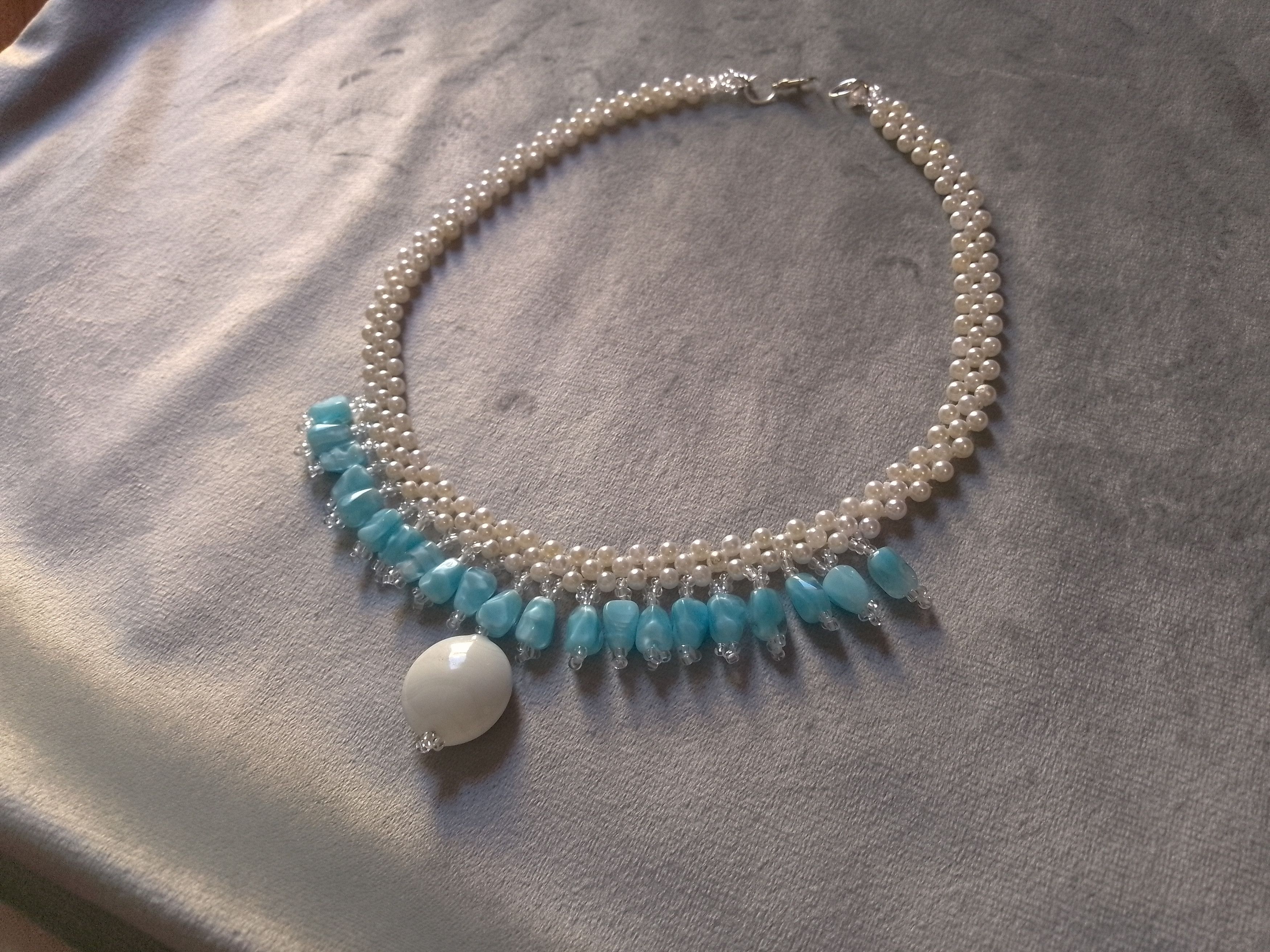 Handmade Pearls necklace with resin blue stones and ceramics Size ONE SIZE - 5 Thumbnail
