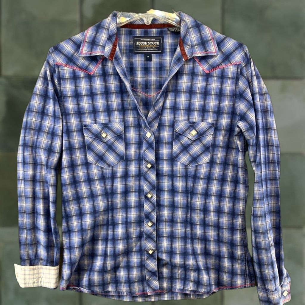 Vintage Panhandle Slim Mens Western Shirt Plaid Long Sleeve Button-Up Snap Pearl Snap Blue Cotton Panhandle Rough Stock Casual Workwear M Mens Size US M / EU 48-50 / 2 - 1 Thumbnail
