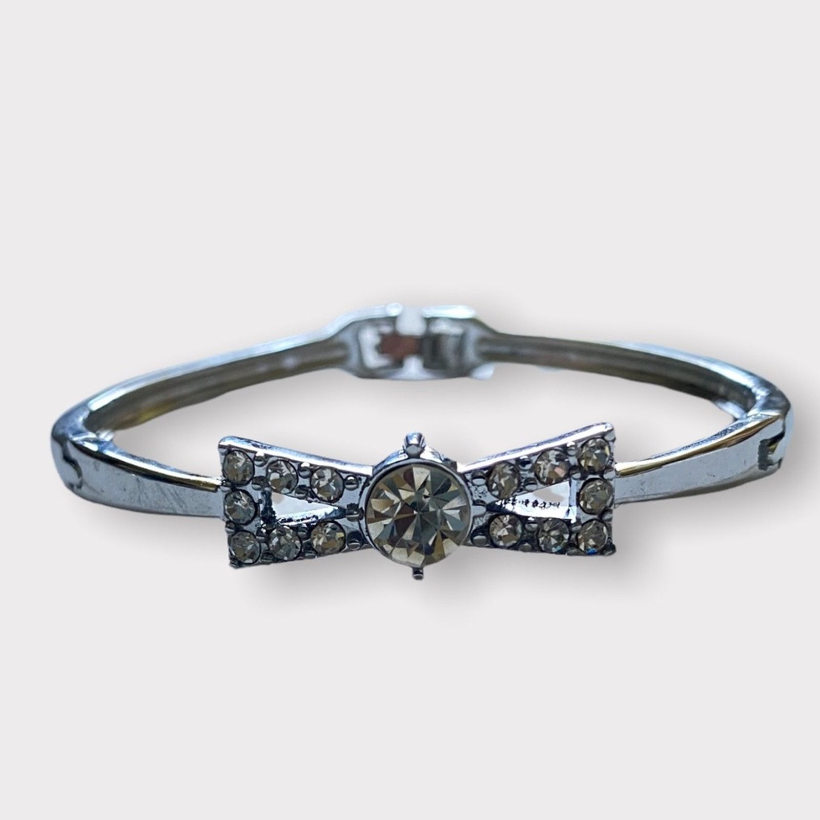 Other Silver Bow Tie Rhinestone Bangle Bracelet Size ONE SIZE - 1 Thumbnail