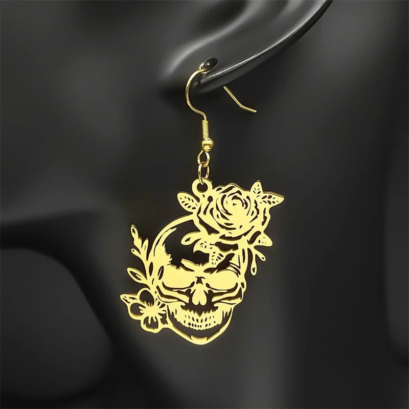 Jewelry Gothic Skull Rose Flower Drop Earrings Jewelry Gift Size ONE SIZE - 1 Thumbnail