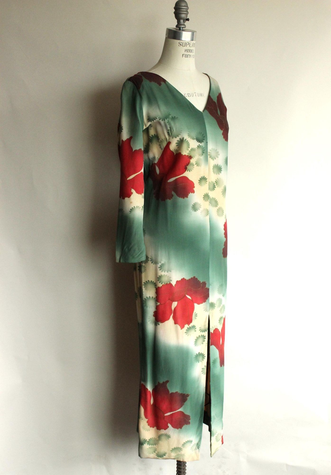 Vintage Vintage 1960s Dress, Green and Red Asian Rayon Maxidress wit Size M / US 6-8 / IT 42-44 - 6 Thumbnail