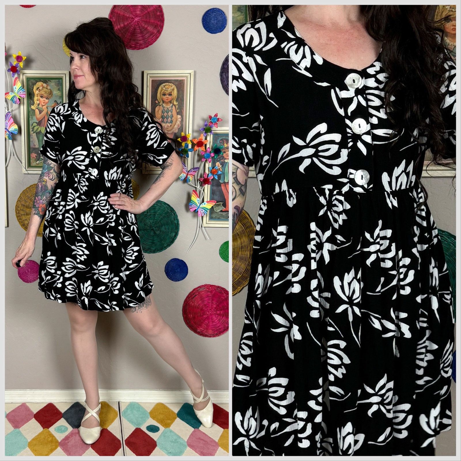 Vintage Vintage 1990s Black and White Floral Babydoll Minidress Size M / US 6-8 / IT 42-44 - 1 Thumbnail