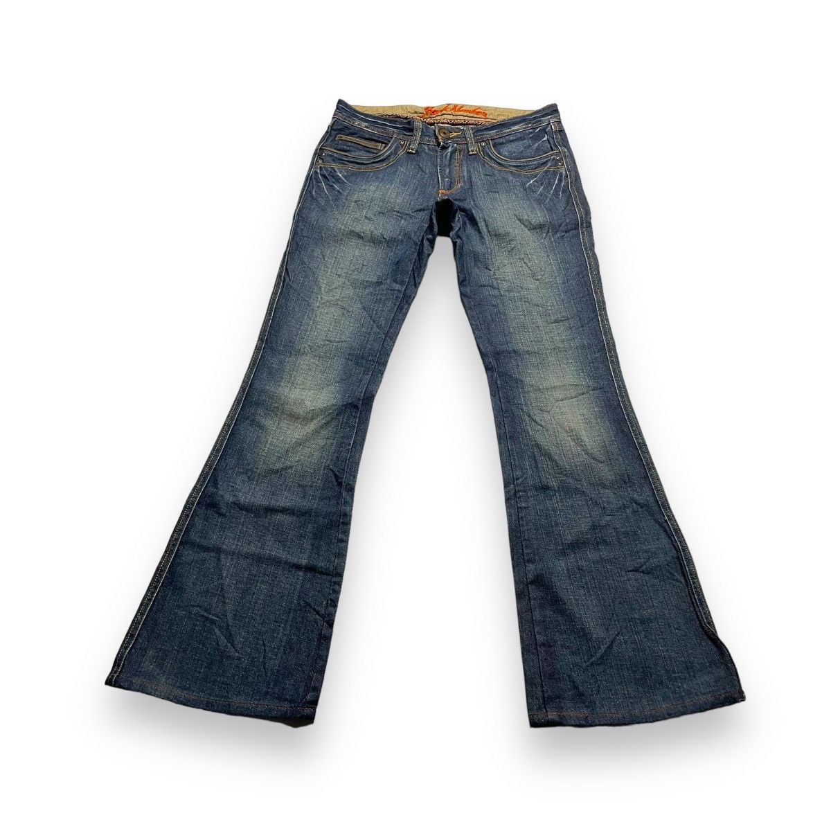 Le Grande Bleu (L.G.B.) 🇯🇵 SUPER FLARE BACK NUMBER WASHED DENIM PANTS Size US 30 / EU 46 - 4 Thumbnail