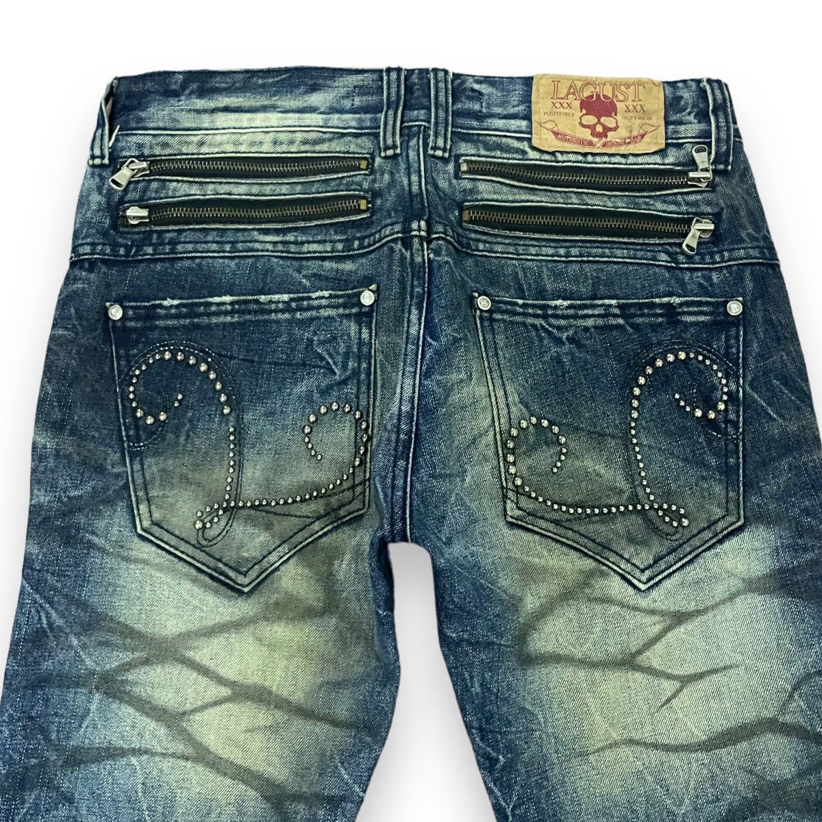If Six Was Nine × Japanese Brand × Le Grande Bleu (L.G.B.) 🇯🇵☠️ LAGUST WASHED SKULL FLARE DENIM PANTS Size US 31 - 10 Thumbnail