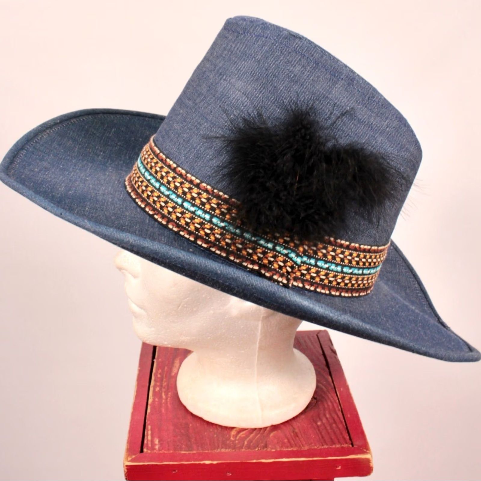 Vintage VTG 70s Cowboy Hat Denim Blue Feather Sz M Men’s Medium Denim Cowboy Hat Blue 1970s NOS Original (Size: Medium) Size ONE SIZE - 3 Thumbnail