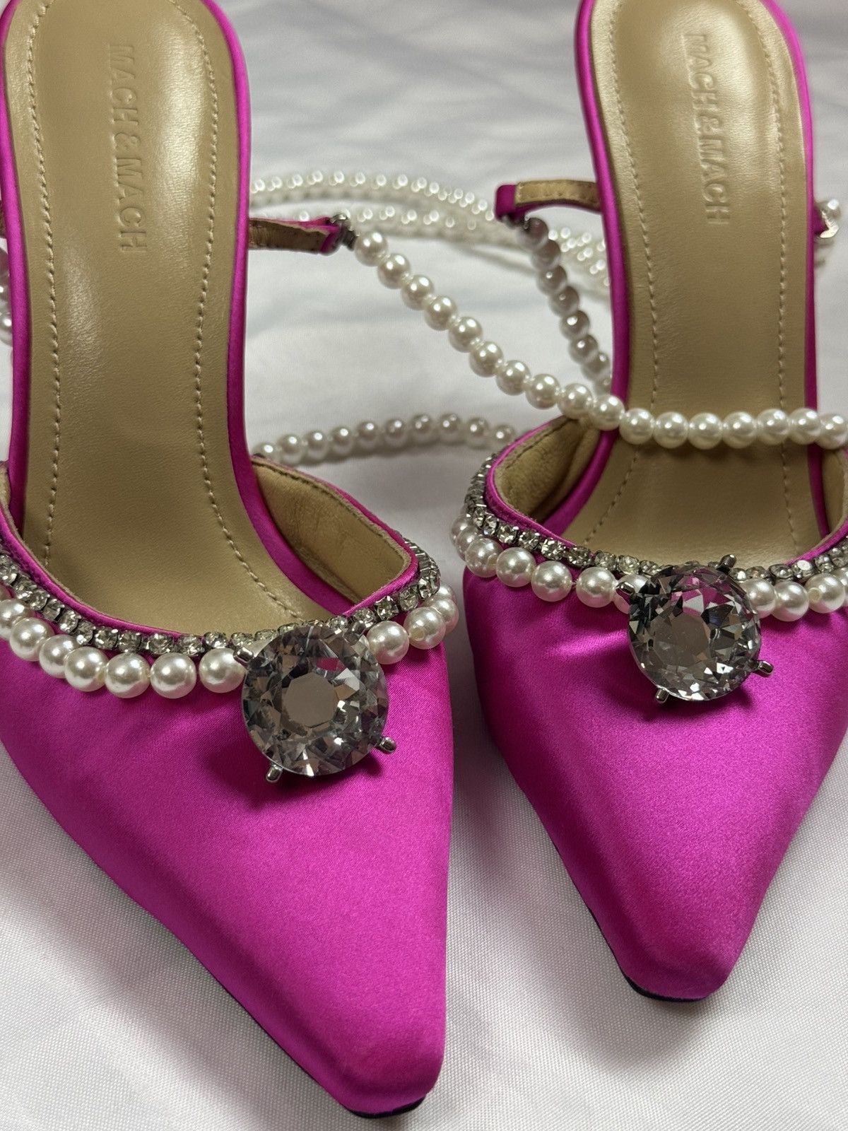 MACH & MACH Crystal Embellished Leather / Satin Pumps Pearl Lace Ties 38 Size US 7 / IT 37 - 8 Thumbnail