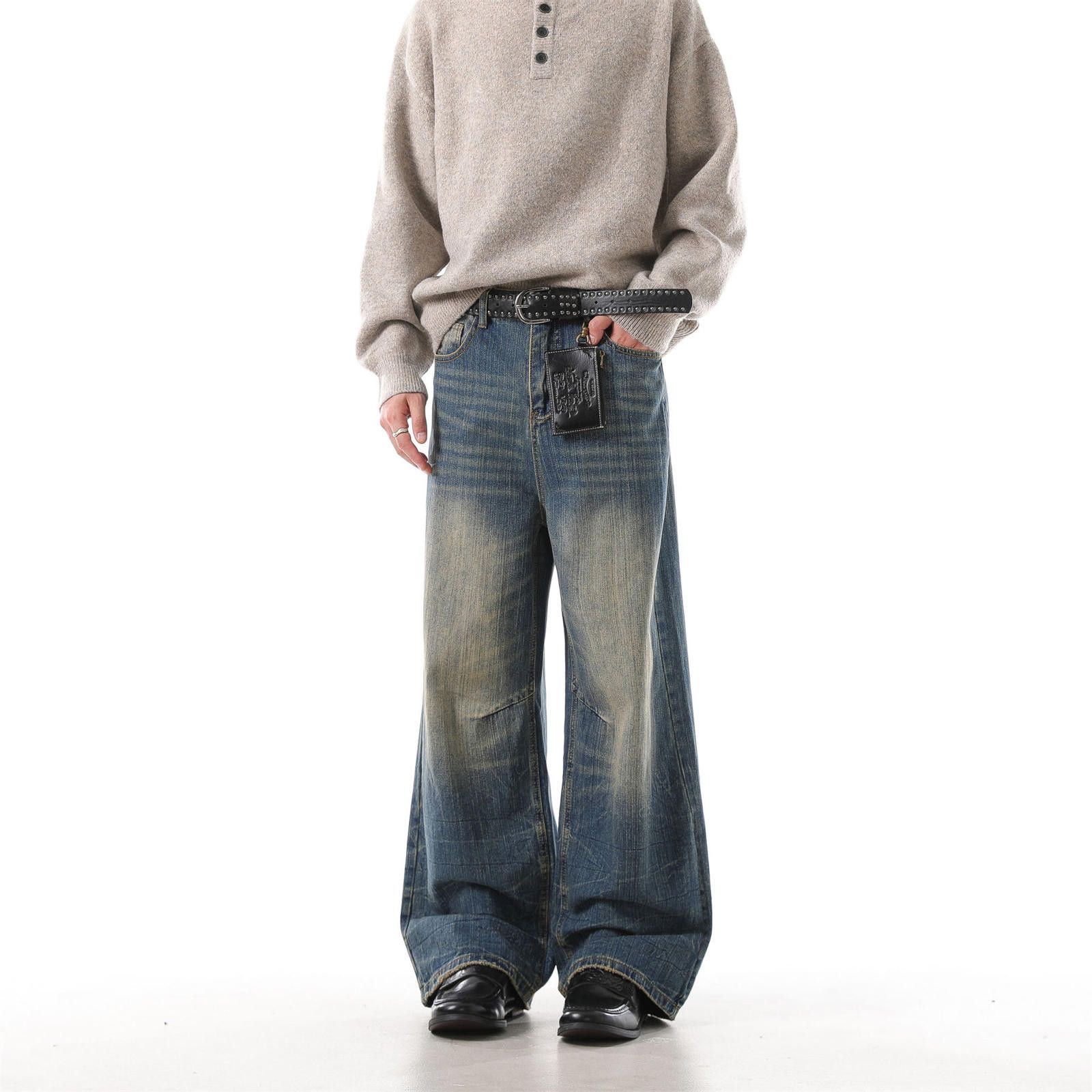 Vintage Blue Wide Leg Vintage Wash Denim Jeans, Relaxed Fit Jeans Size US 33 - 2 Thumbnail