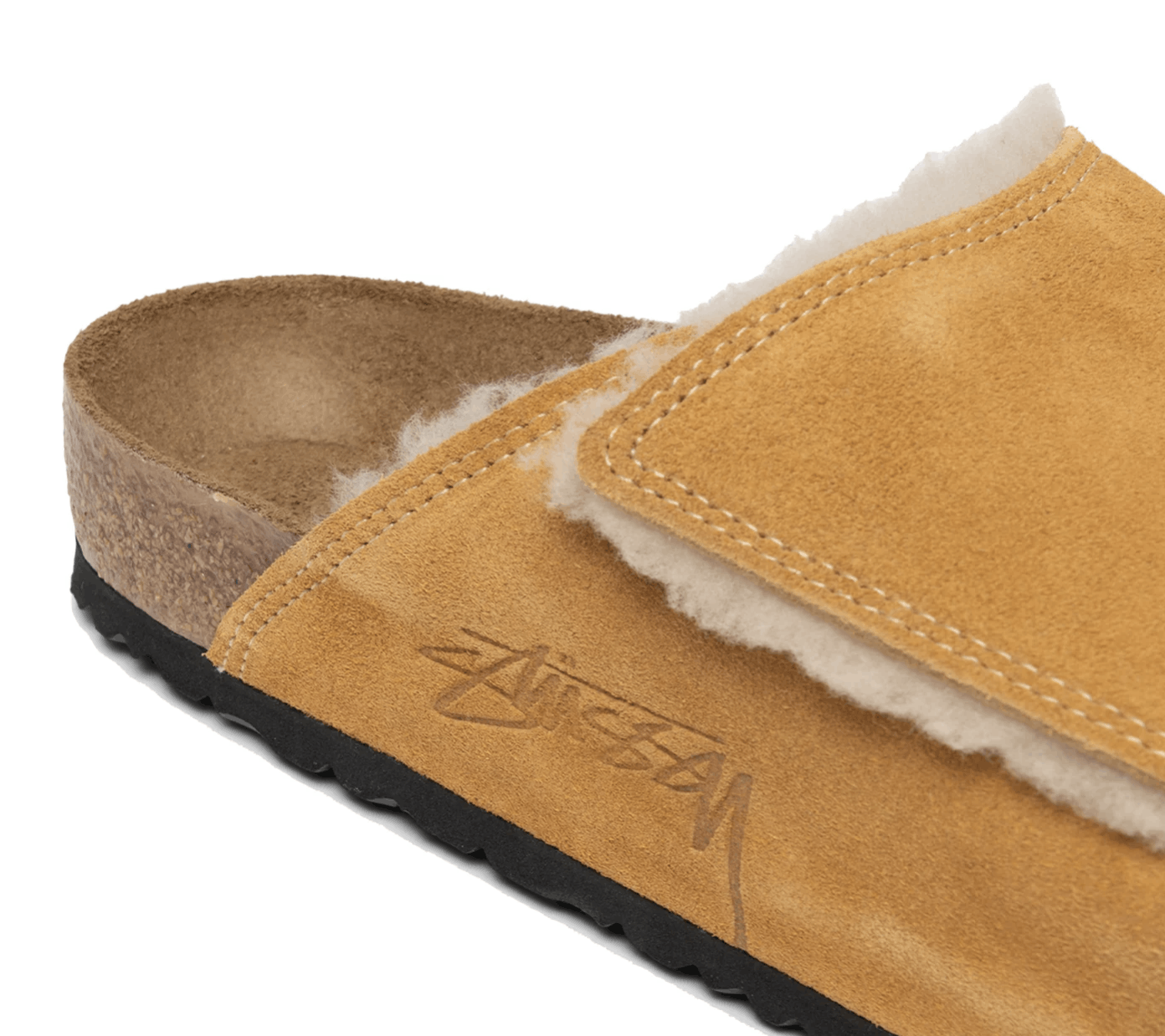 STUSSY Birkenstock Suede Shearling Slide Caramel Solana