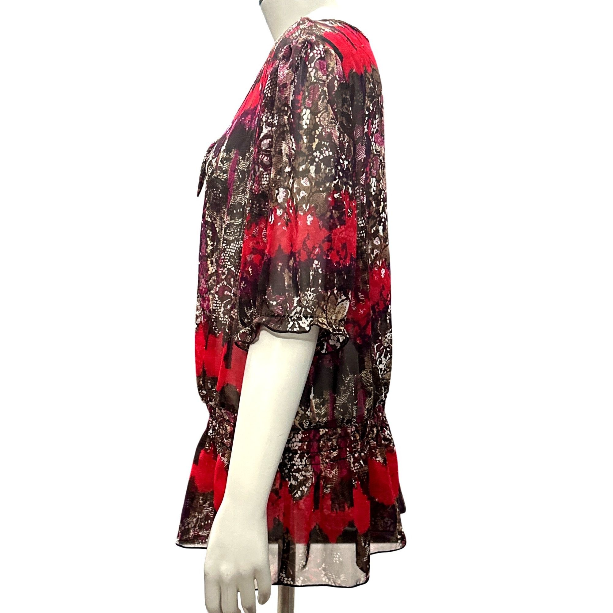 Other AGB XL Sheer Lace Tunic Red Black Snake Tie Neck Blouse Roma Size XL / US 12-14 / IT 48-50 - 4 Thumbnail