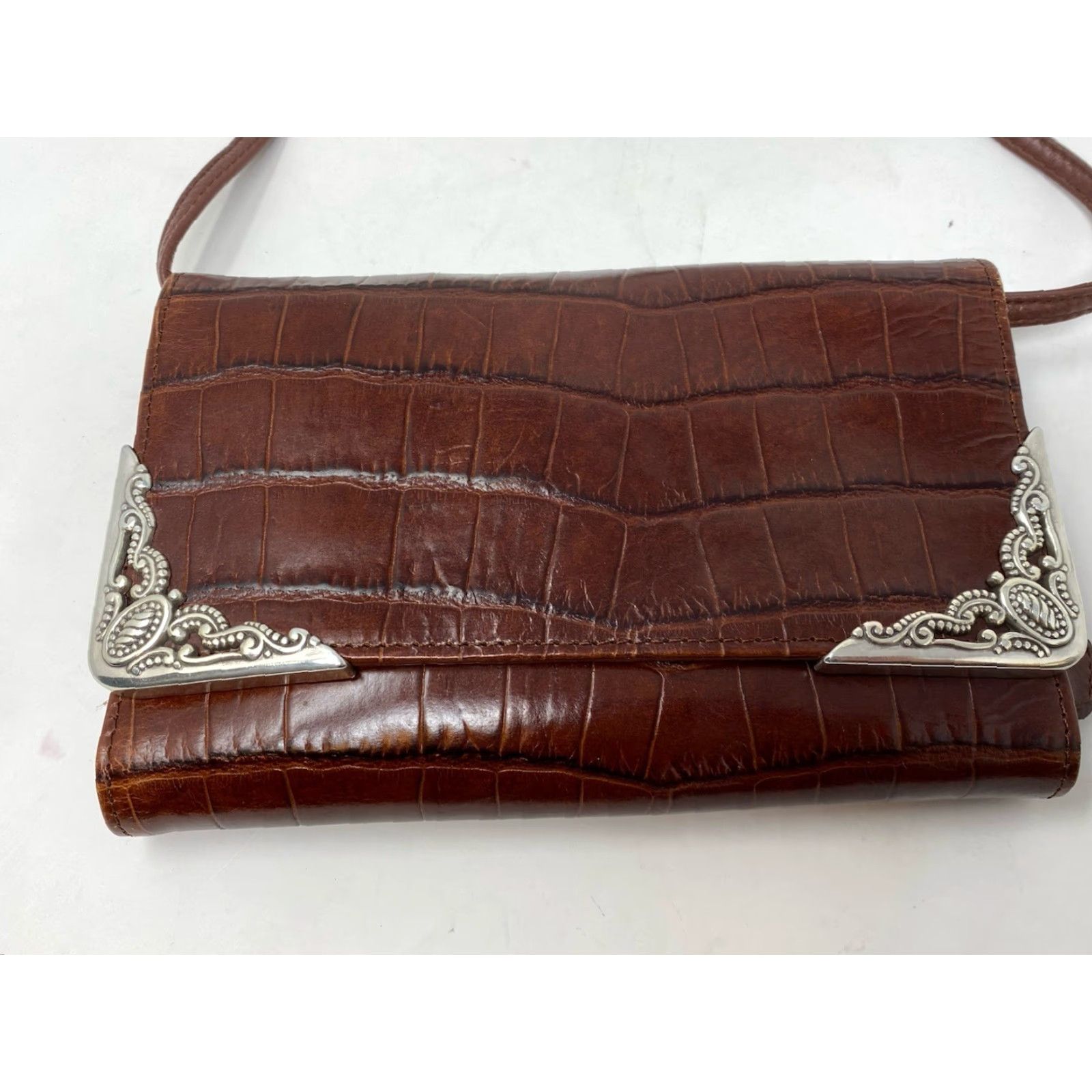 Brighton Vtg Brighton Handbag Croc Embossed Leather Crossbody Organizer Wallet Brown 90s Size ONE SIZE - 2 Thumbnail