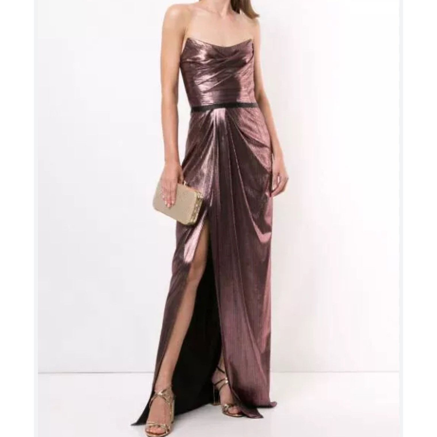 Marchesa NWT Marchesa Notte Metallic Lame Strapless Belted Gown Size L / US 10 / IT 46 - 1 Thumbnail