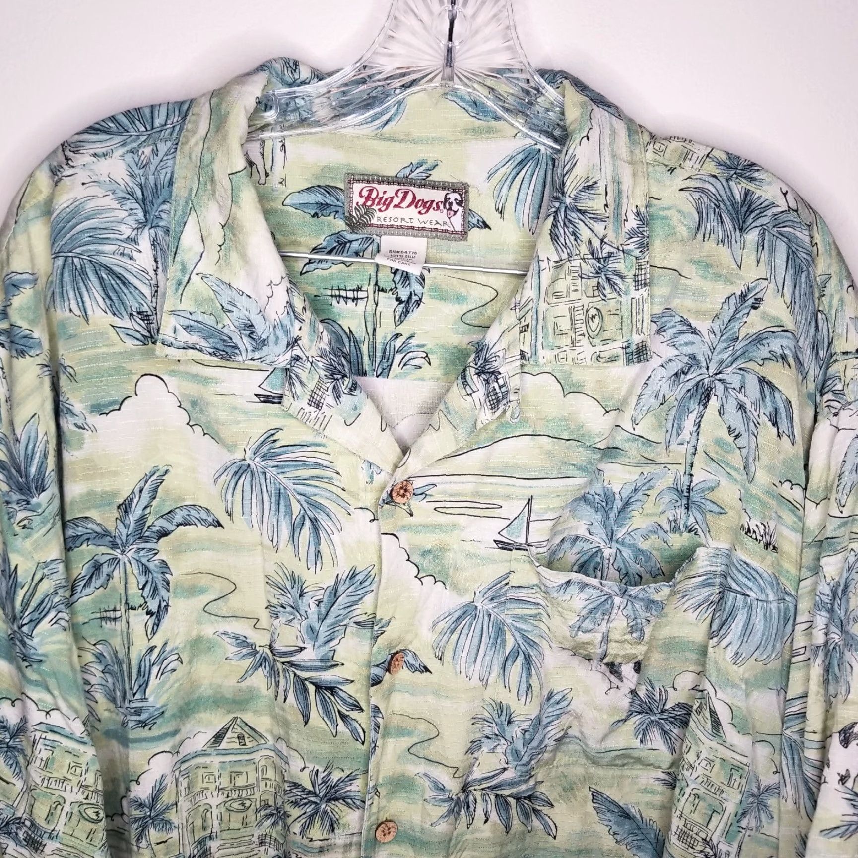 Big Dogs Big Dogs Mens Short Sleeve Hawaiian Shirt XL Green 100% Silk Button-Up Size US 36 / EU 52 - 2 Thumbnail