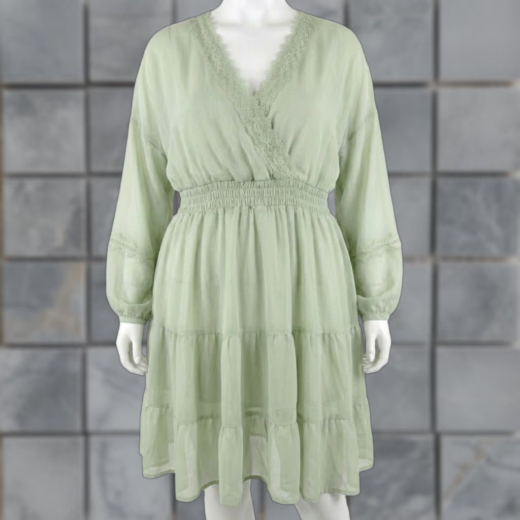 Asos ASOS Dress Plus 18 Green Sheer Chiffon V Neck Smocked Tiered Coquette UNLINED Dress Size XXL / US 16-18 / IT 52-54 - 1 Thumbnail