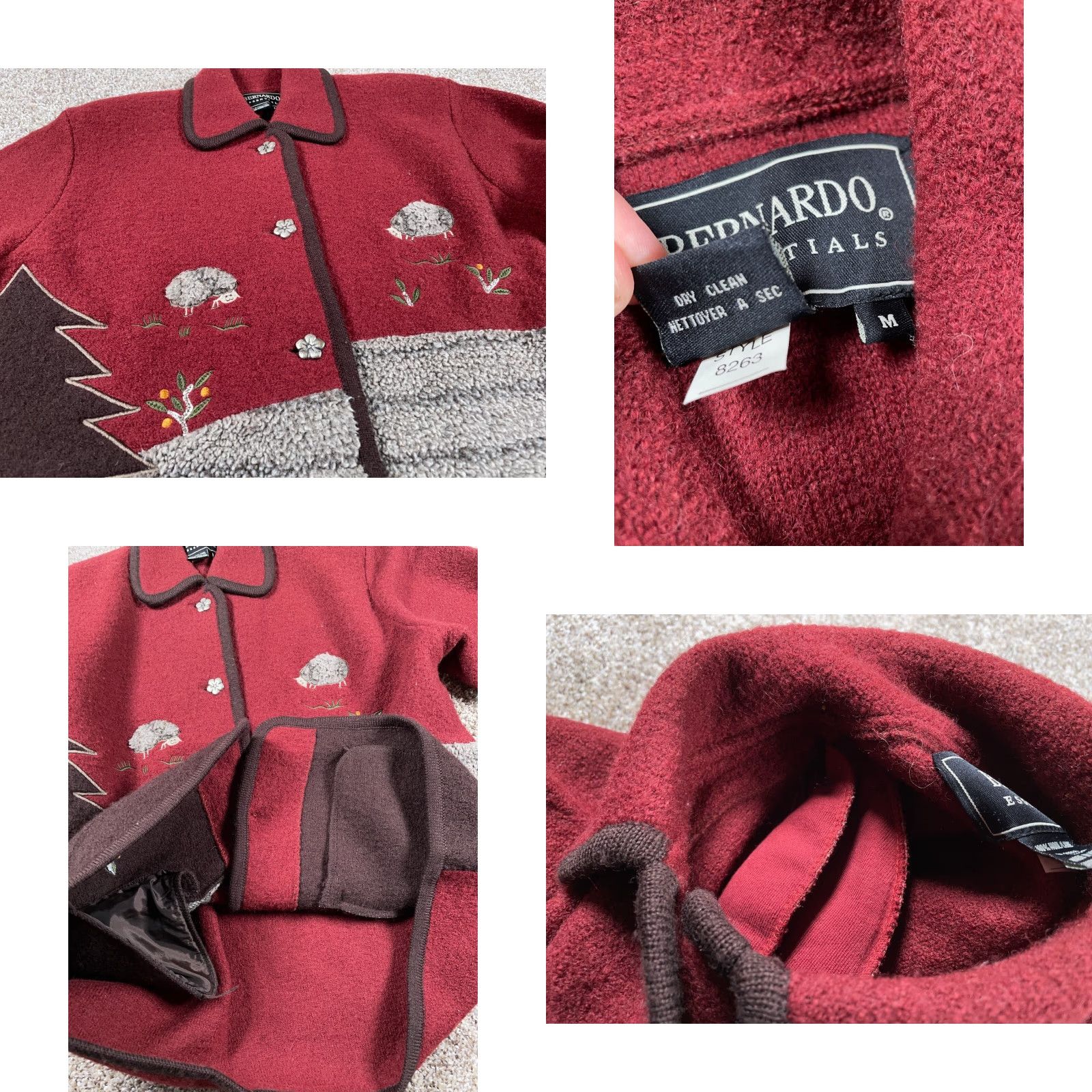 Vintage Bernardo Wool Jacket Women's Medium Dark Red Geometric Outdoor Embroidered 90s Relaxed Pockets Button Front Unlined Casual Knit Fabric Coat Short Size M / US 6-8 / IT 42-44 - 9 Thumbnail