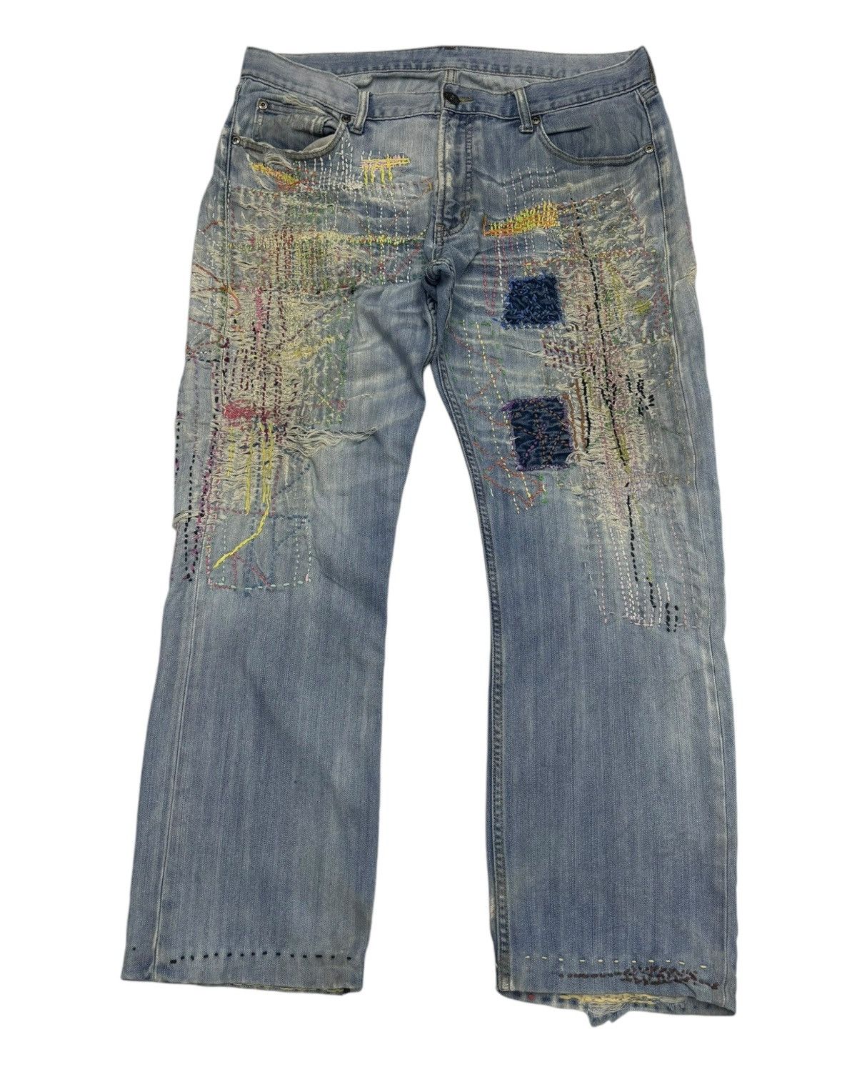Beauty Beast VINTAGE CLOSSHI HAND KNIT DISTRESSED DENIM JEANS Size US 35 - 1 Thumbnail