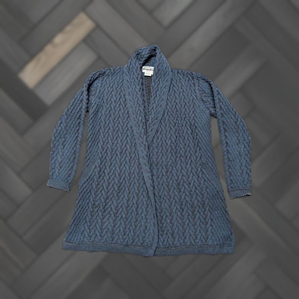 VINTAGE ARANCRAFTS cardigan Merino Wool blue L chunky knit IRELAND irish sweater Women