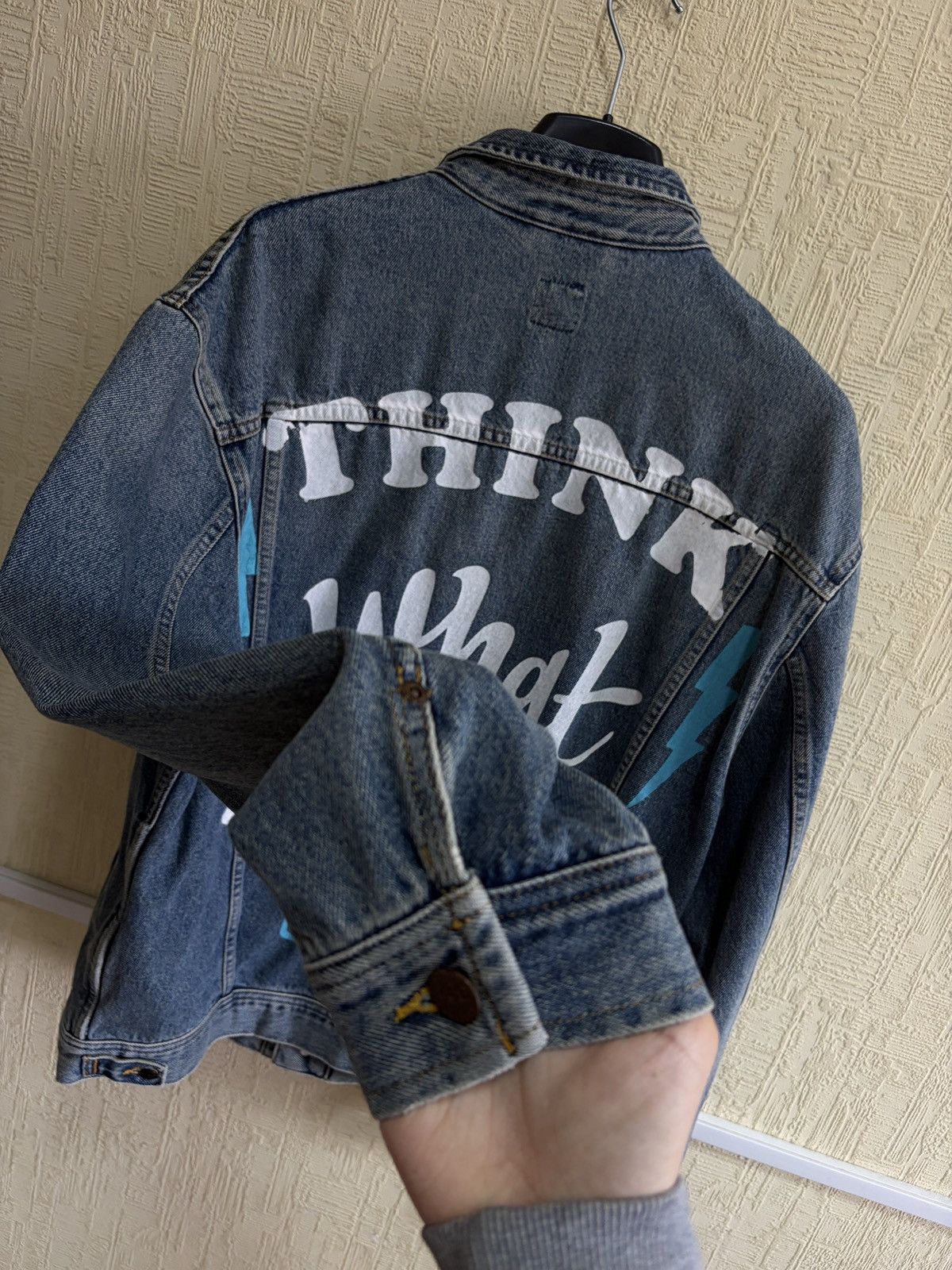 Lee Lee Denim Jacket XL Blue Graphic Print Think What You Will Size US XL / EU 56 / 4 - 19 Thumbnail