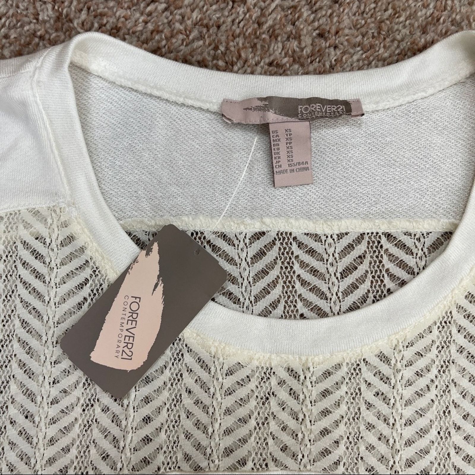 Forever 21 Cream Lace Panel Shirt Flowy Slouchy Boho 3/4 Sleeves NWT XS Size XS / US 0-2 / IT 36-38 - 15 Thumbnail