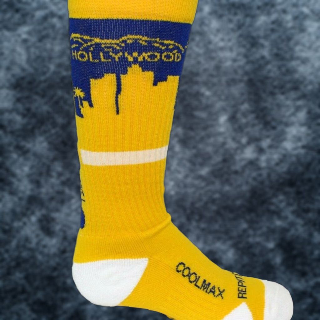 Vintage Rep It City Los Angeles Hollywood Yellow Blue CoolMax Basketball Socks Mens S/M Socks Size ONE SIZE - 1 Thumbnail